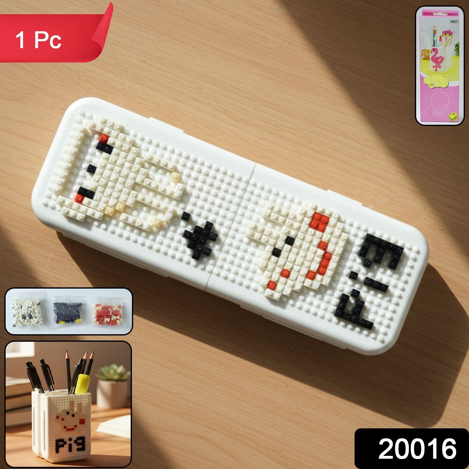 Pixel art styled pen holder containing pencils on study table