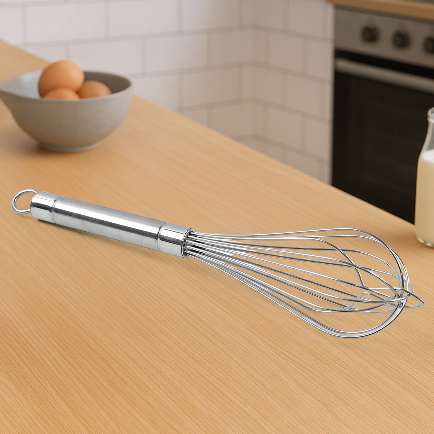 Close-up of stainless steel balloon whisk ideal for whipping and beating