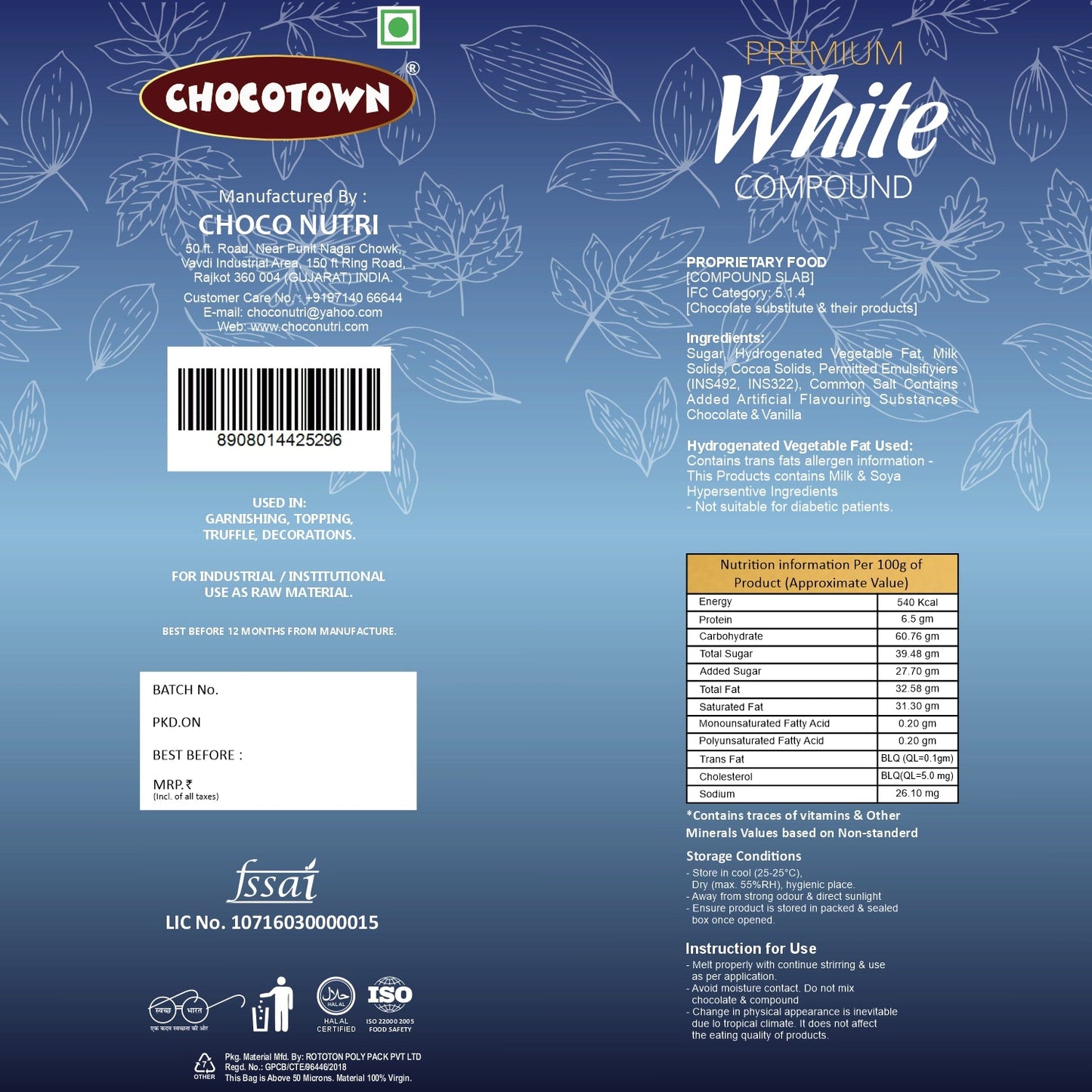 Chocotown White Compound Chocolate 500gm packaging with brand logo clearly visible.