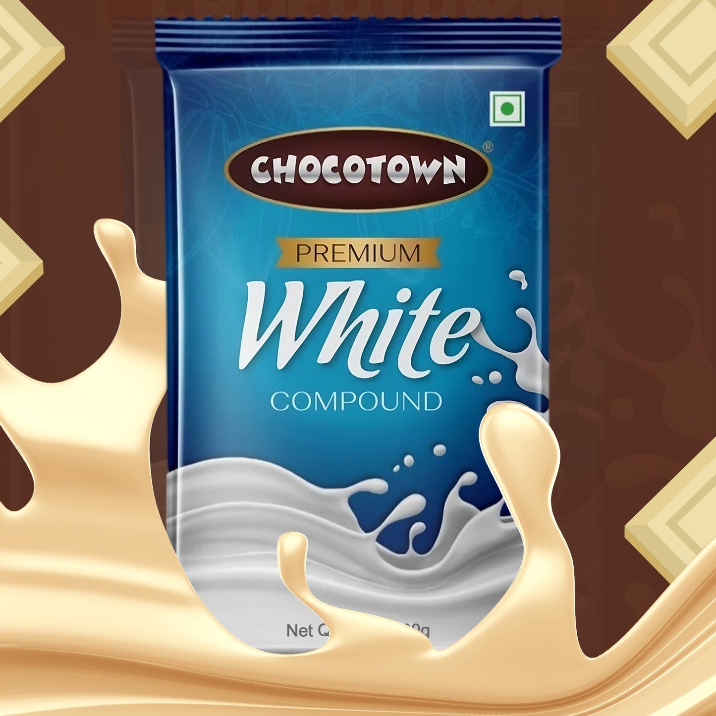 Chocotown White Compound Chocolate slab alongside various finished desserts like cupcakes.