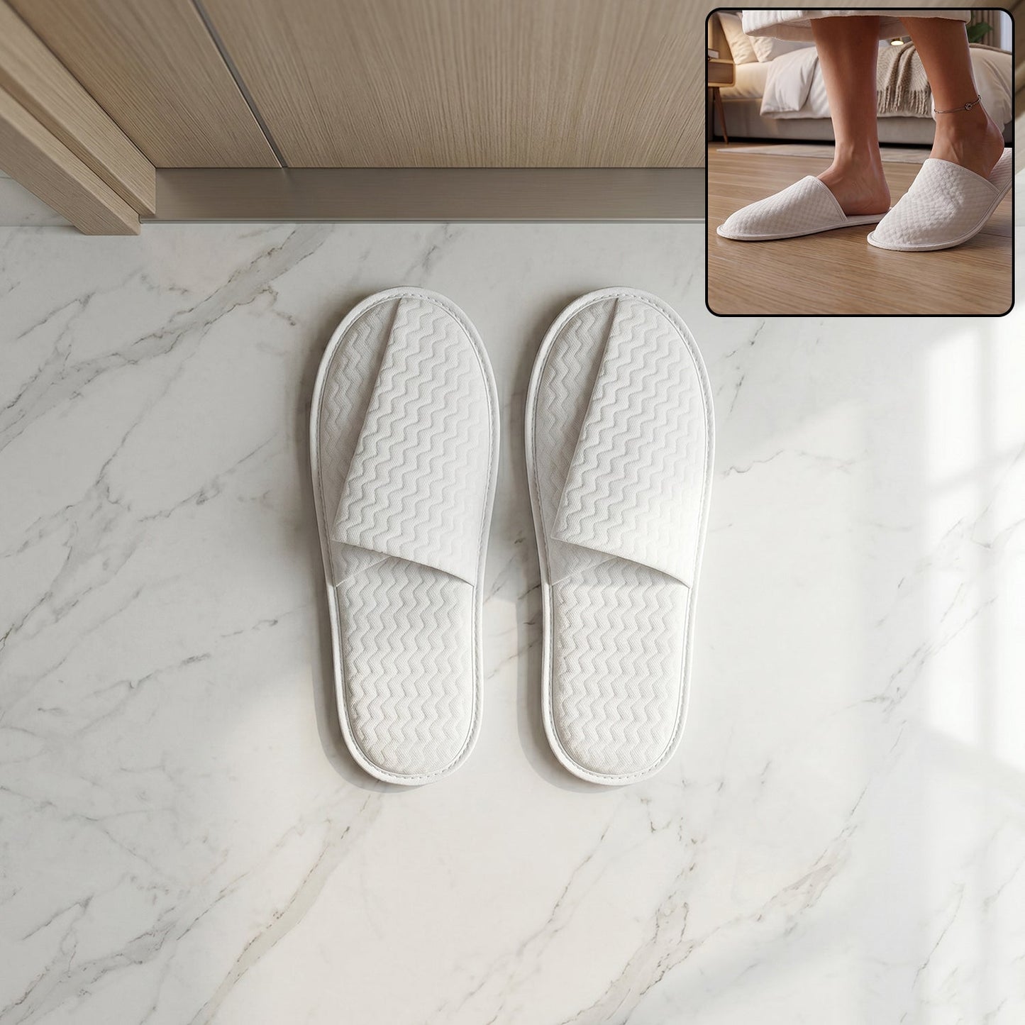 Hotel style white slippers for guest rooms