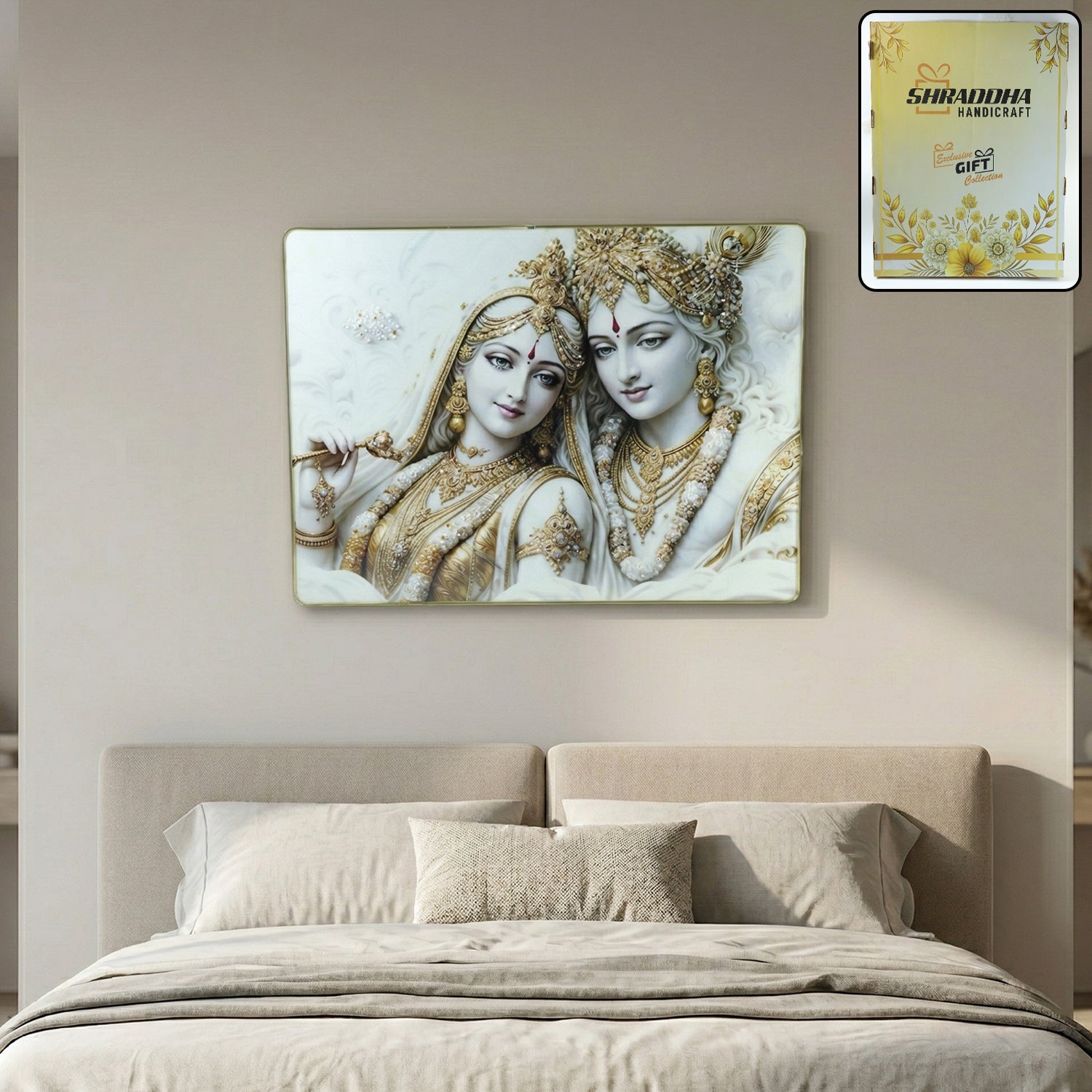 Radha Krishna wall art frame in white and gold finish, perfect for home décor
