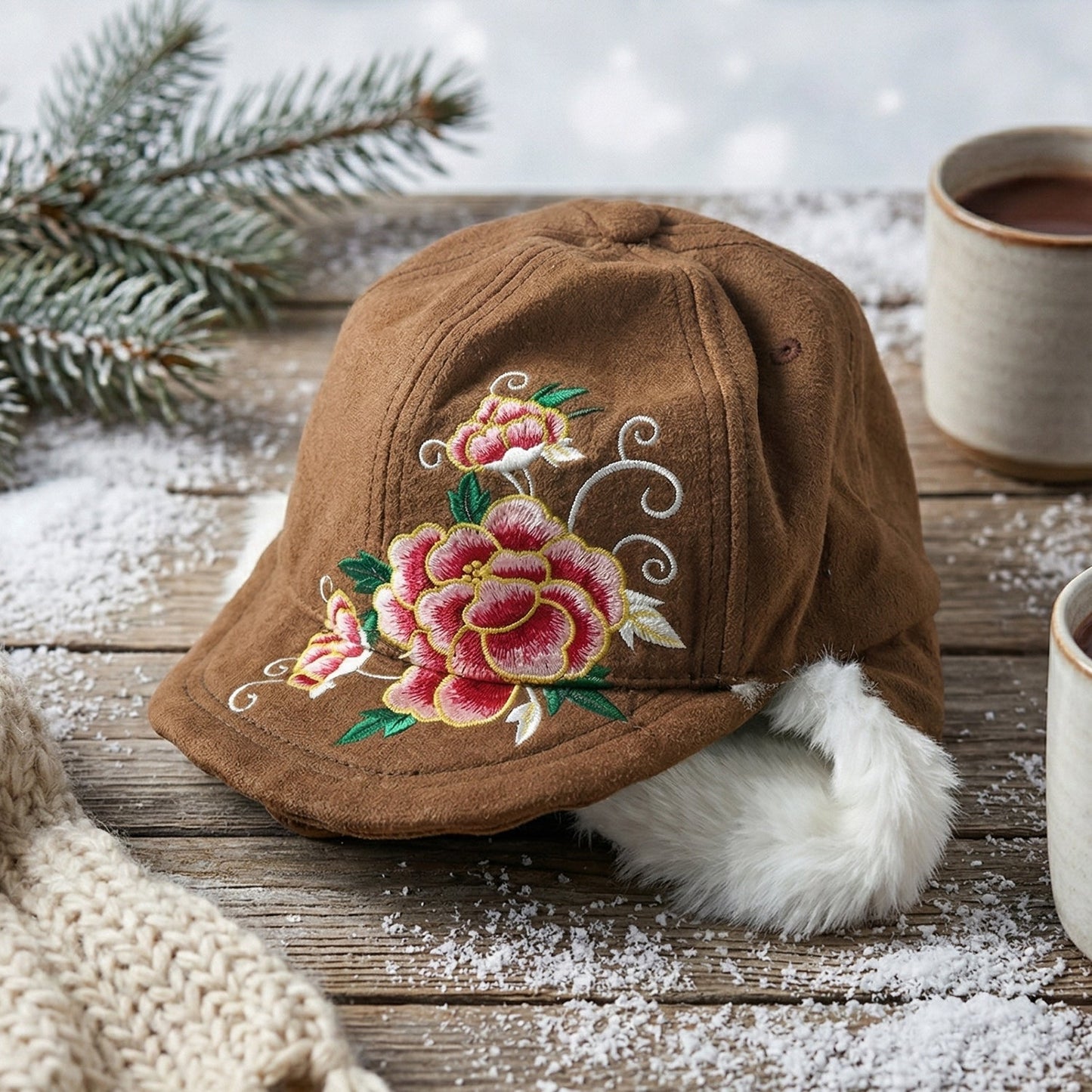 Warm women's winter hat with plush lining and adjustable tie