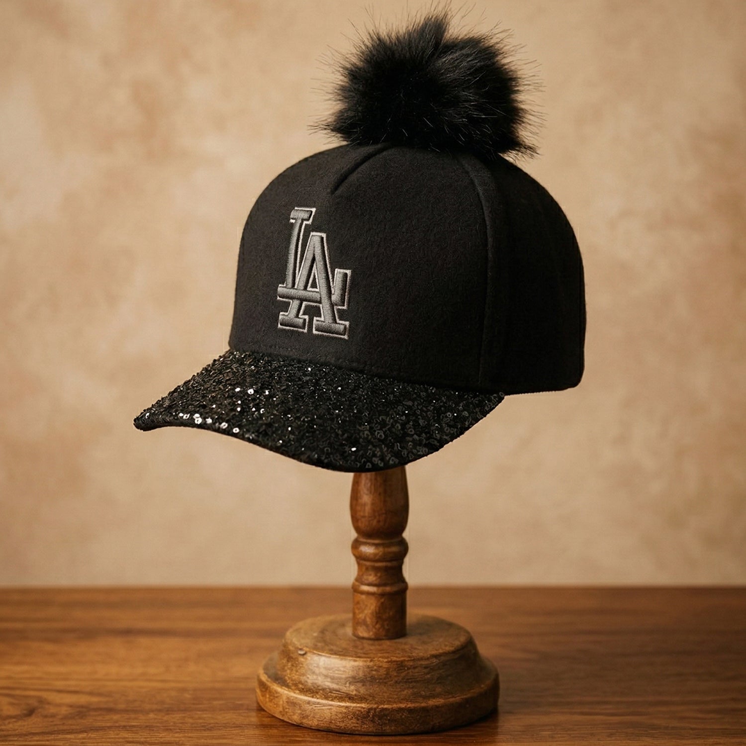 Women wearing stylish winter headwear with embroidered logo