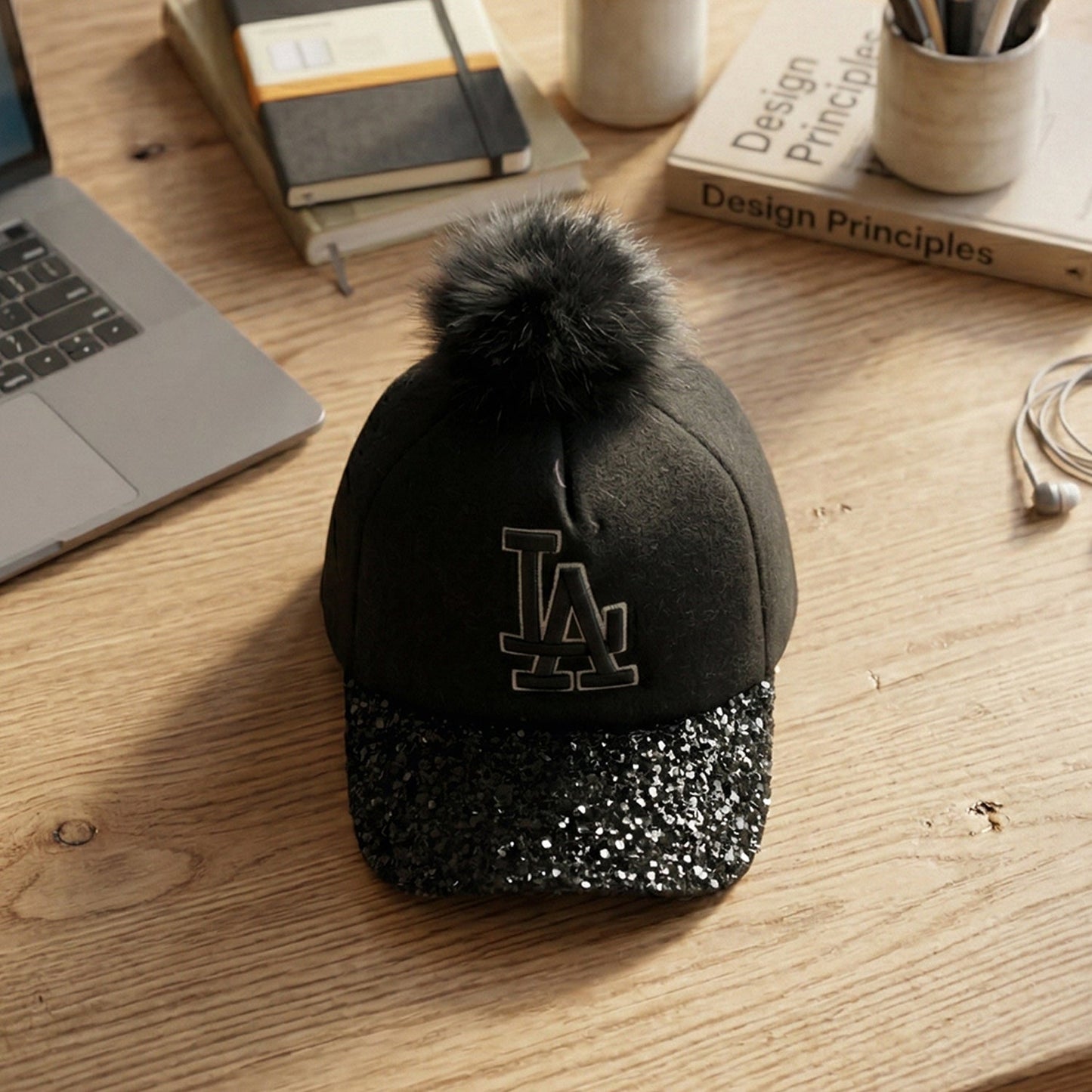 Fashionable winter headgear with embroidered logo detail