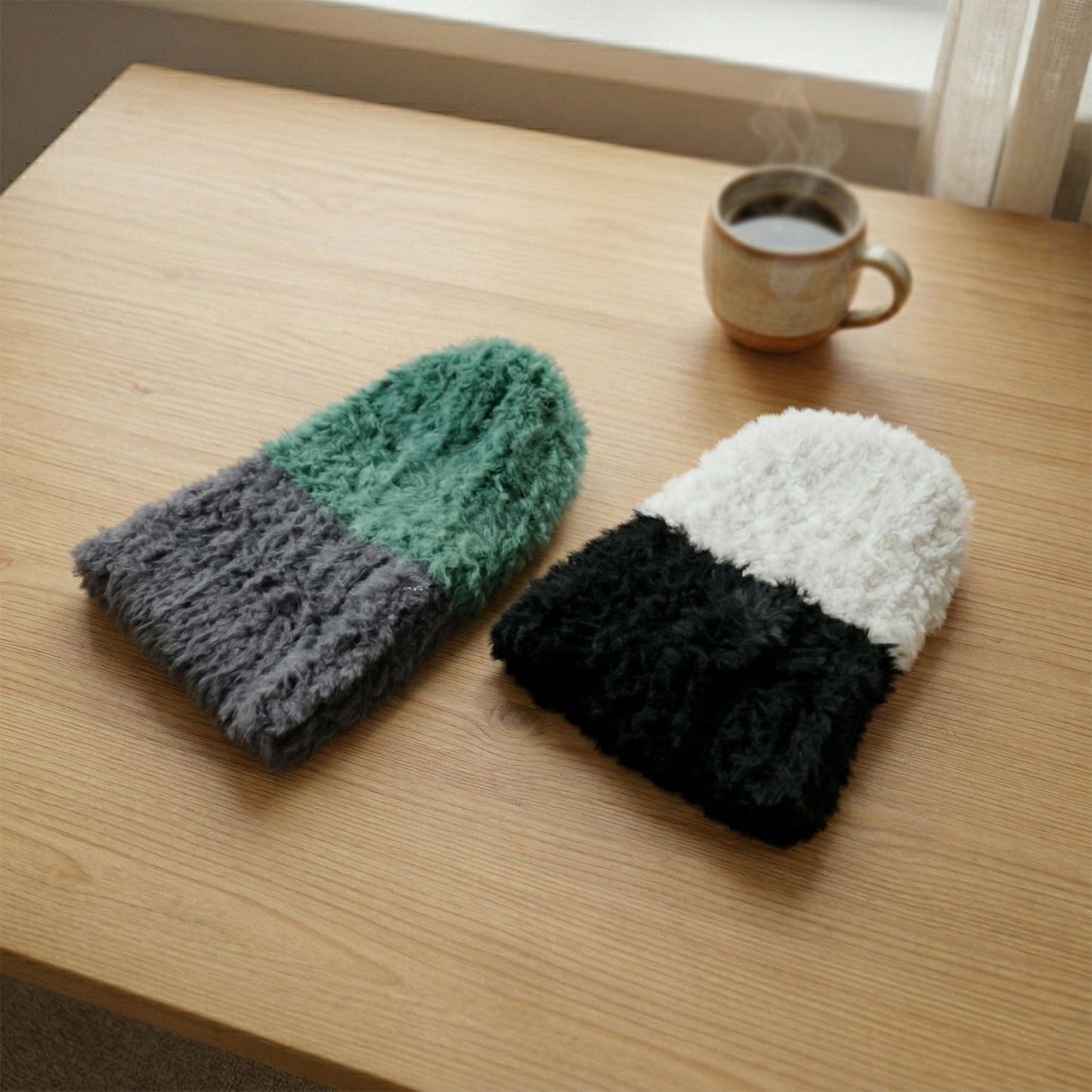 Side view of woolen beanie showing knit pattern