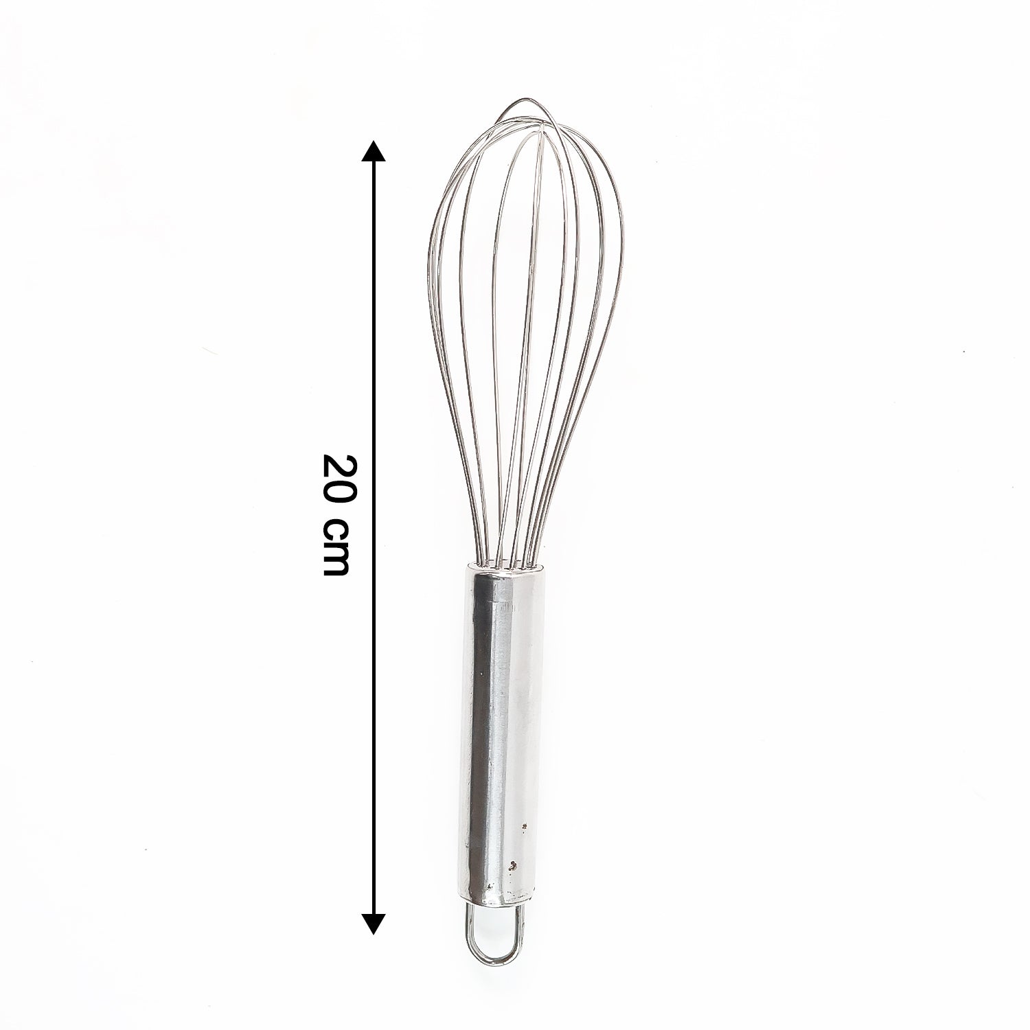 Close-up of small stainless steel balloon whisk showing balloon wires
