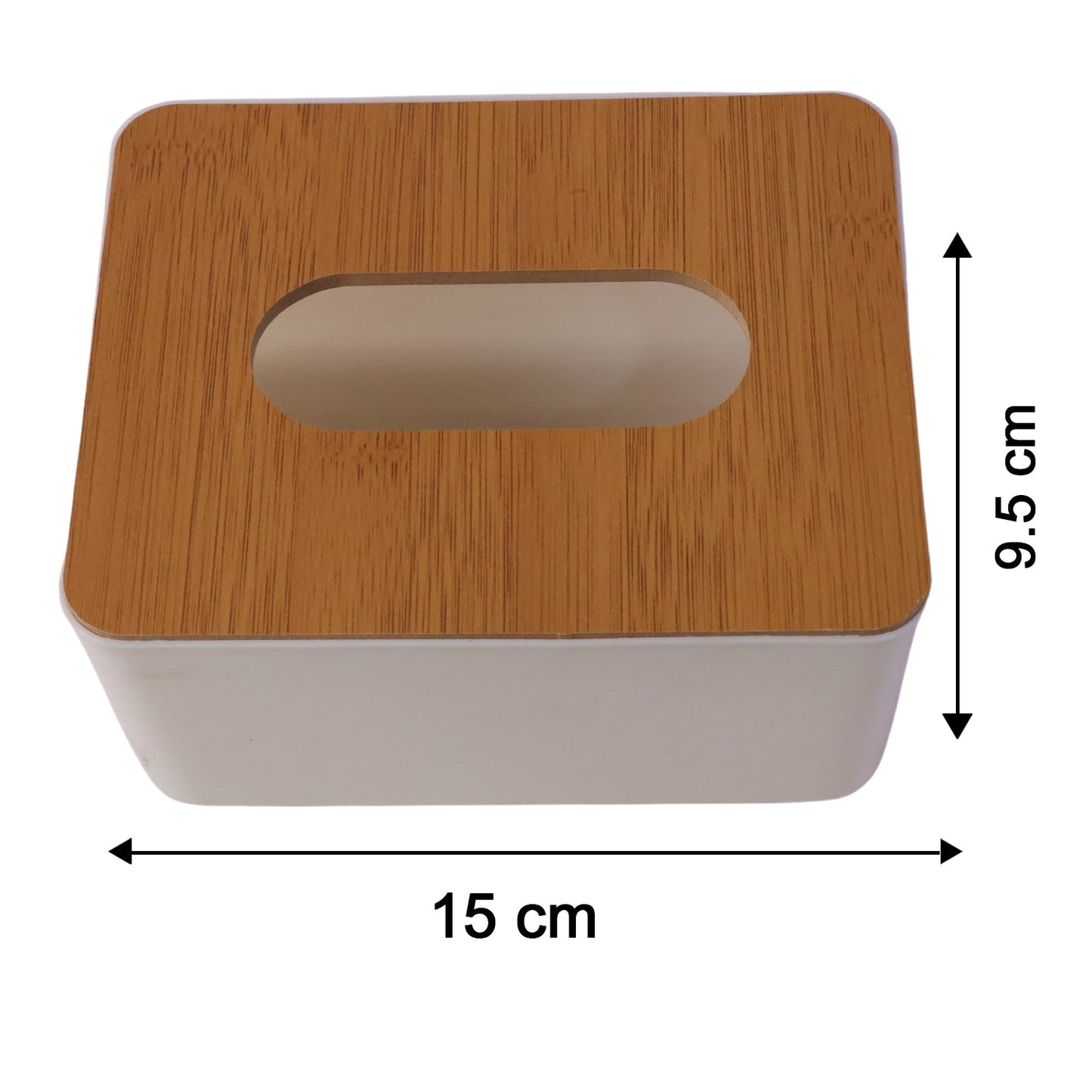 Bamboo tissue box holder with its precise dimensions clearly labeled.