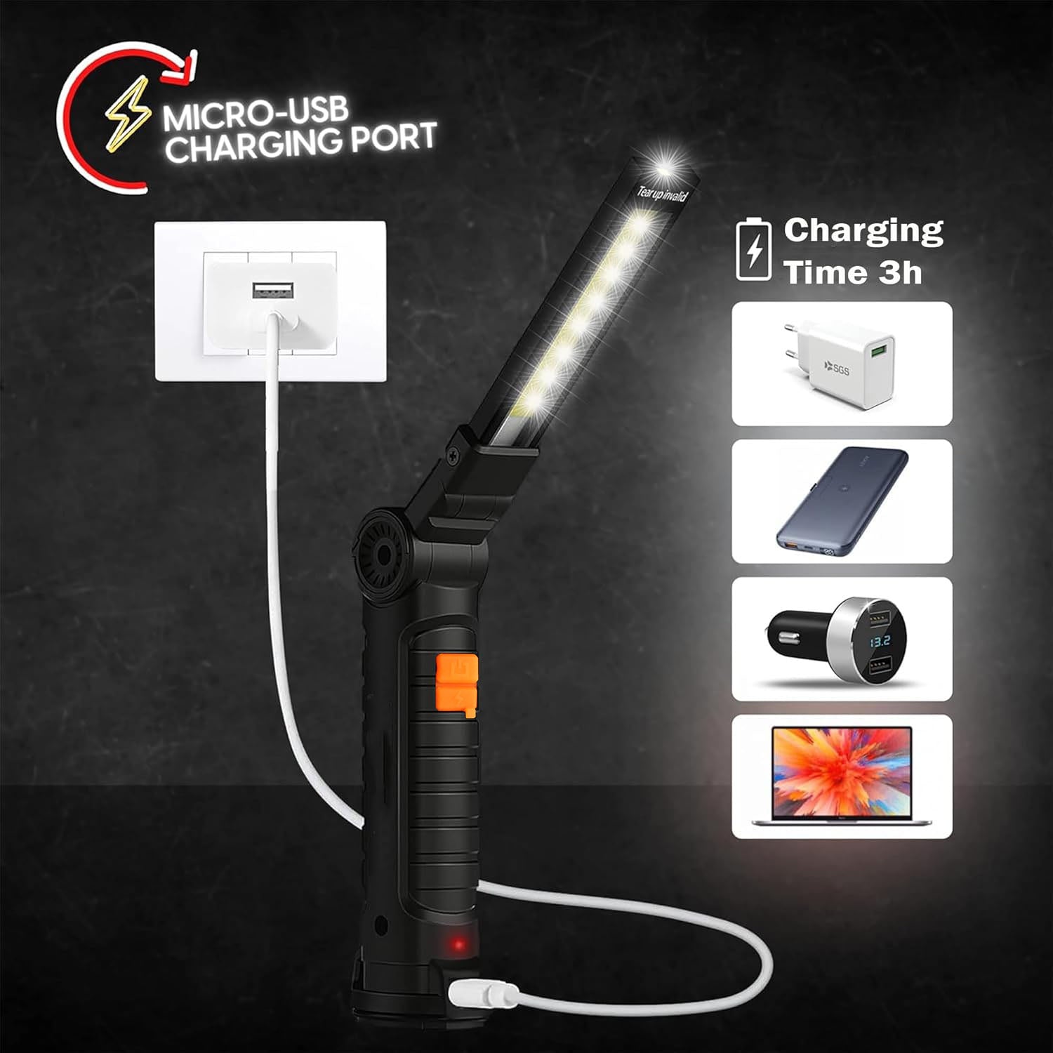 Portable rechargeable LED work light with magnetic base attached to metal surface