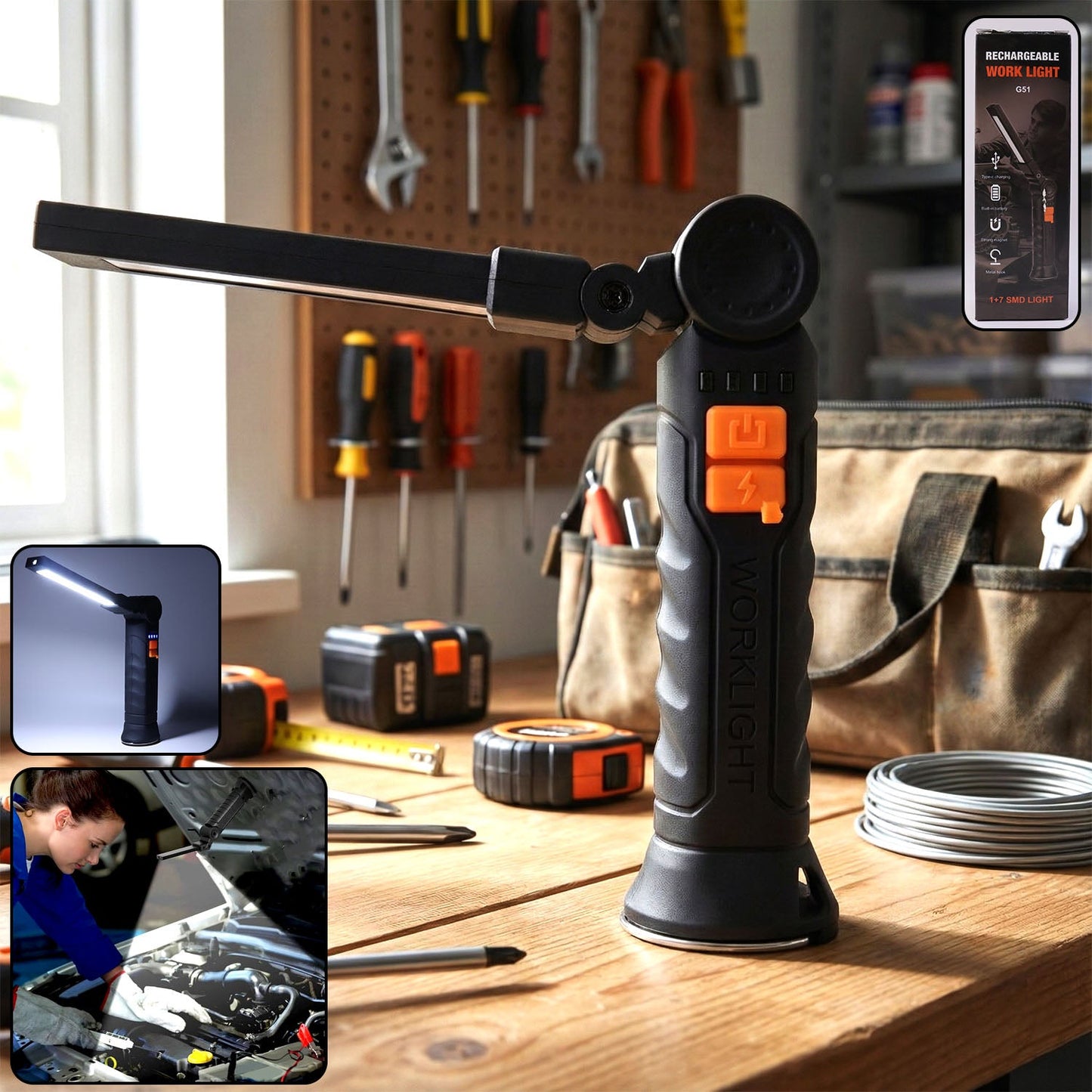 Focused beam from adjustable arm LED work light illuminating workspace
