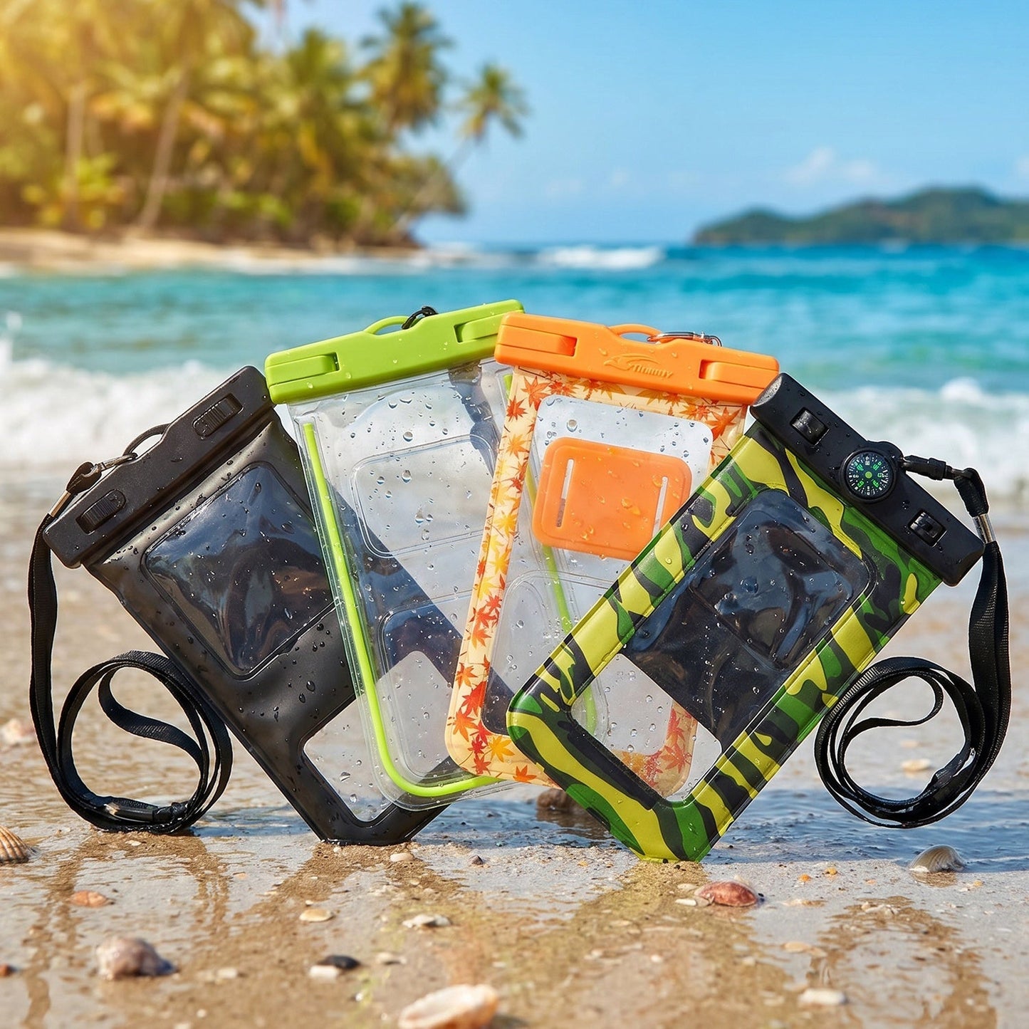 Lineup of waterproof mobile cases in various colors