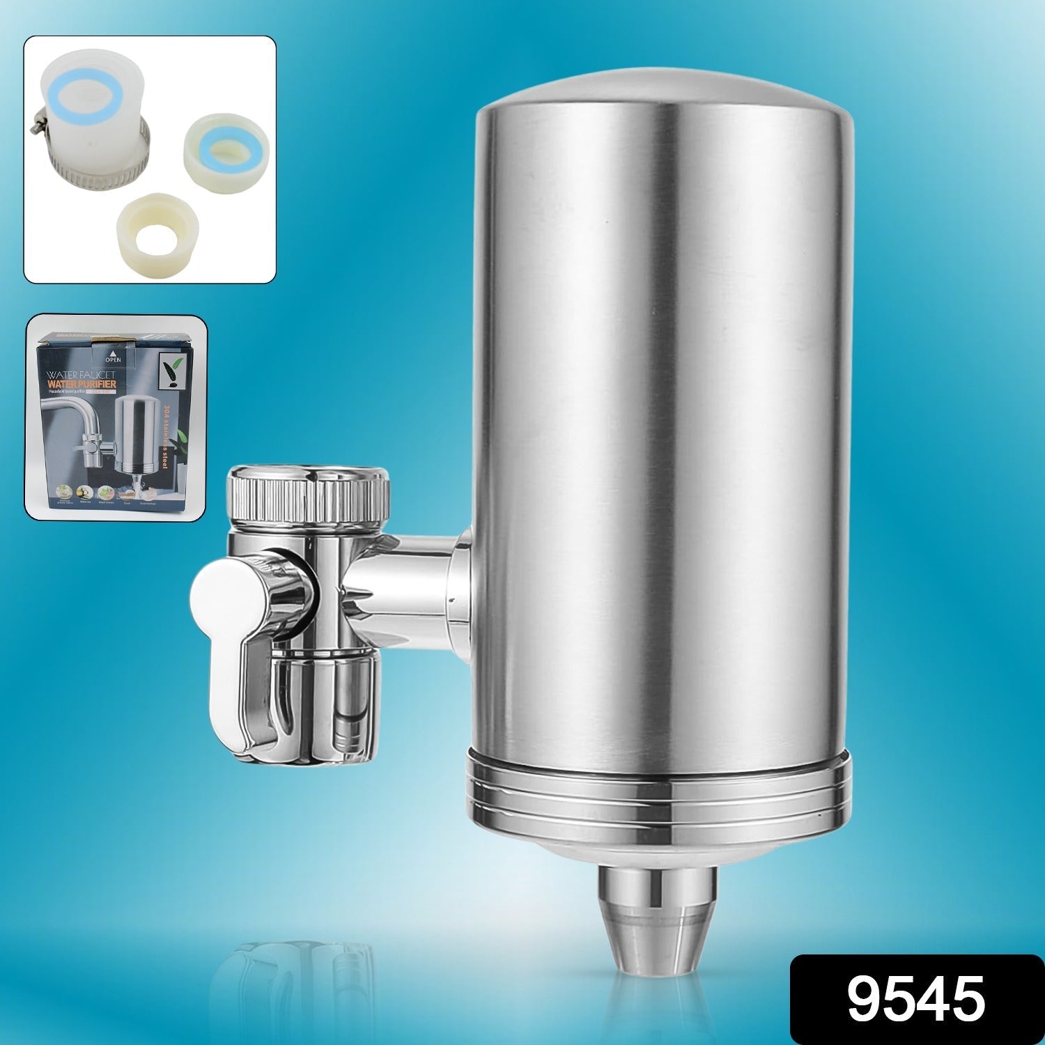 Close-up view of the 304 stainless steel faucet water filter, showcasing clear, purified water flowing from the spout.