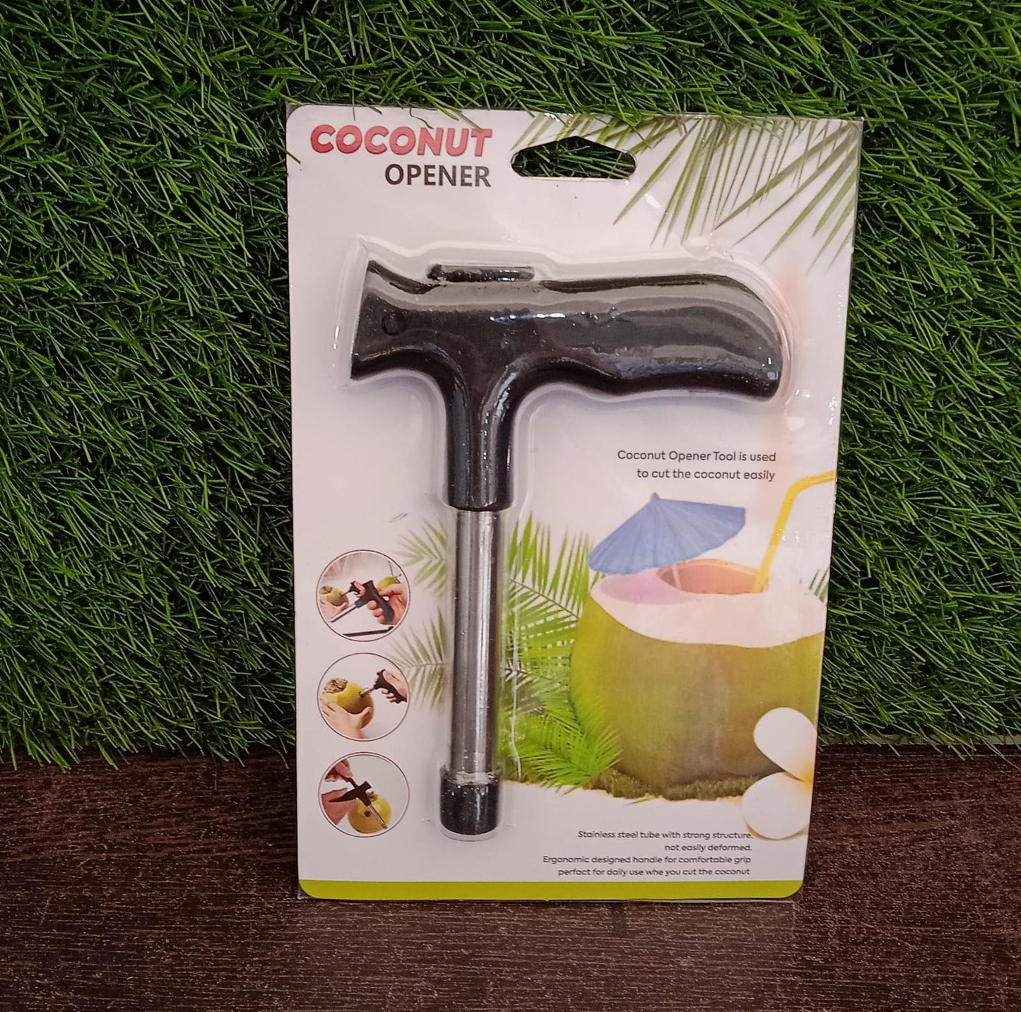 Coconut opener tool designed for efficient drilling into coconuts.