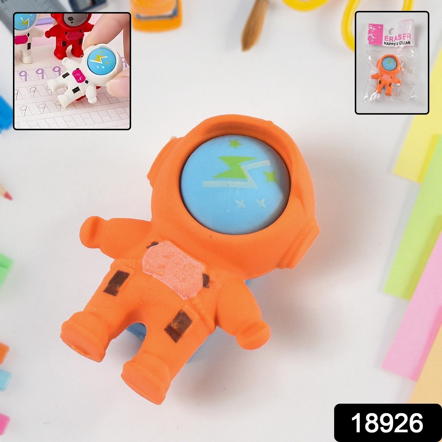 Colorful space-themed erasers including planets and rockets