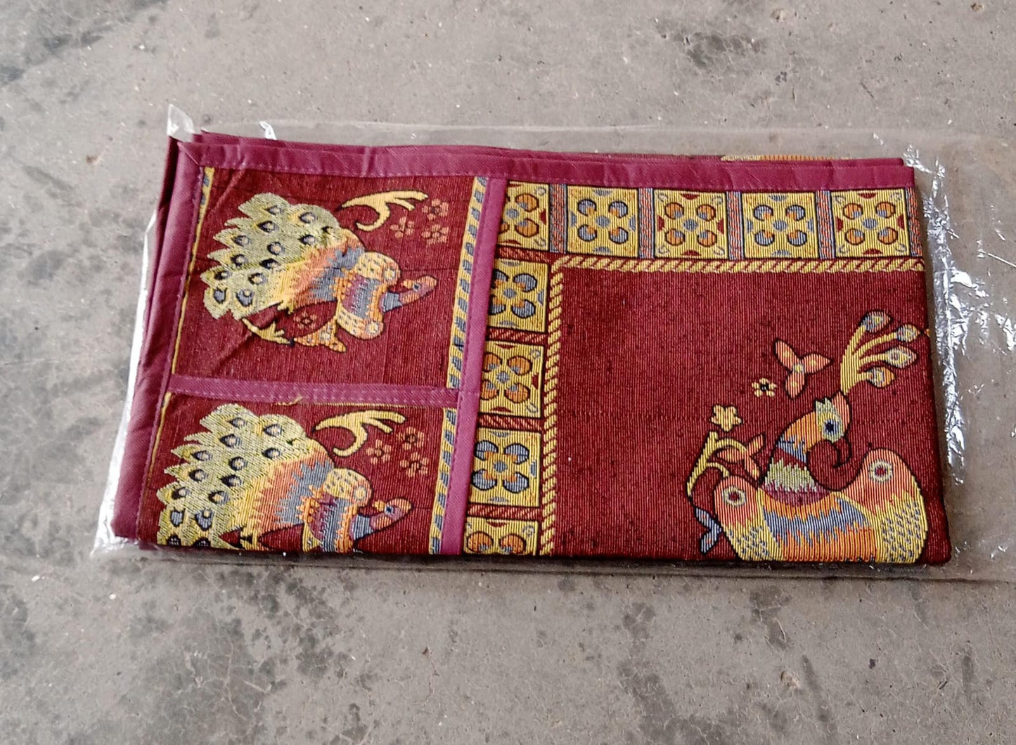 Full view of the peacock design cotton fridge cover enhancing kitchen aesthetics.