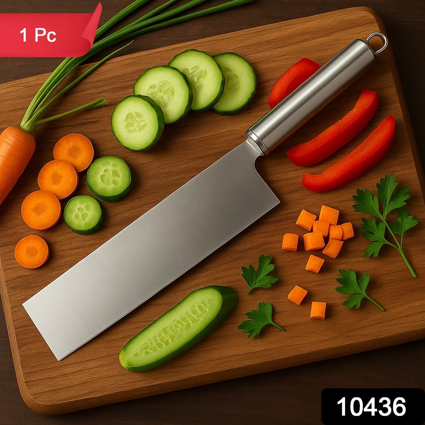 Vegetable cleaver knife chopping fresh vegetables in kitchen