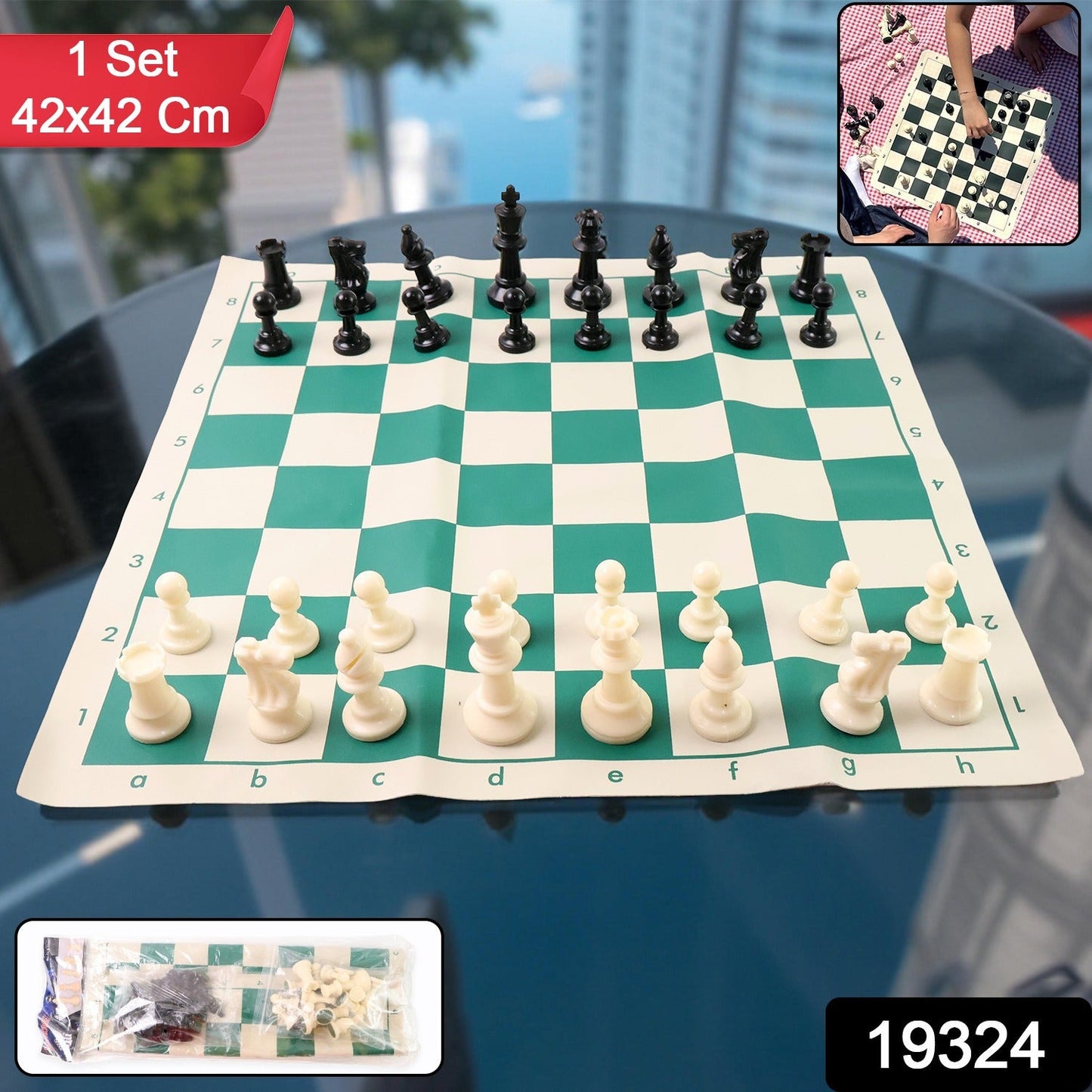 Rolled-up vinyl chessboard showing portability of chess set with plastic pieces
