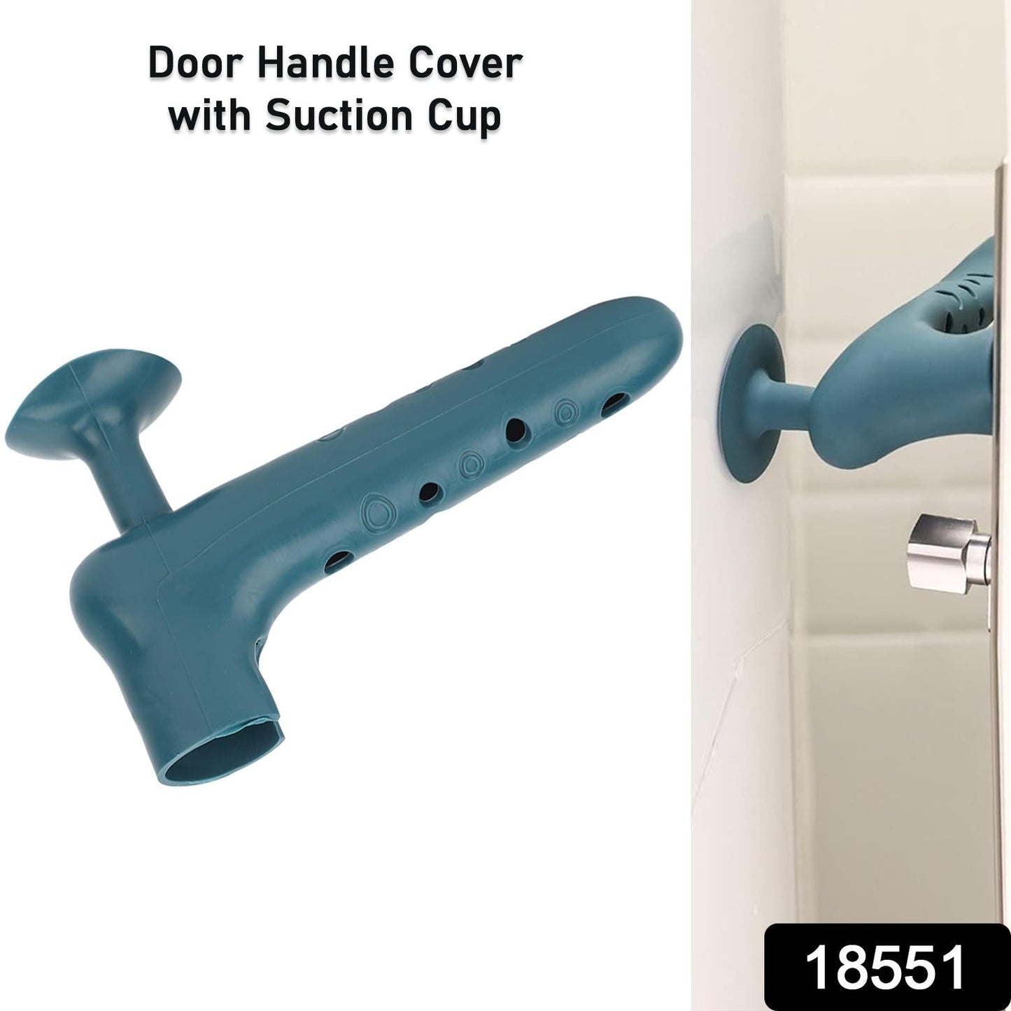 Close-up of a flexible silicone door handle cover installed on a standard door knob.
