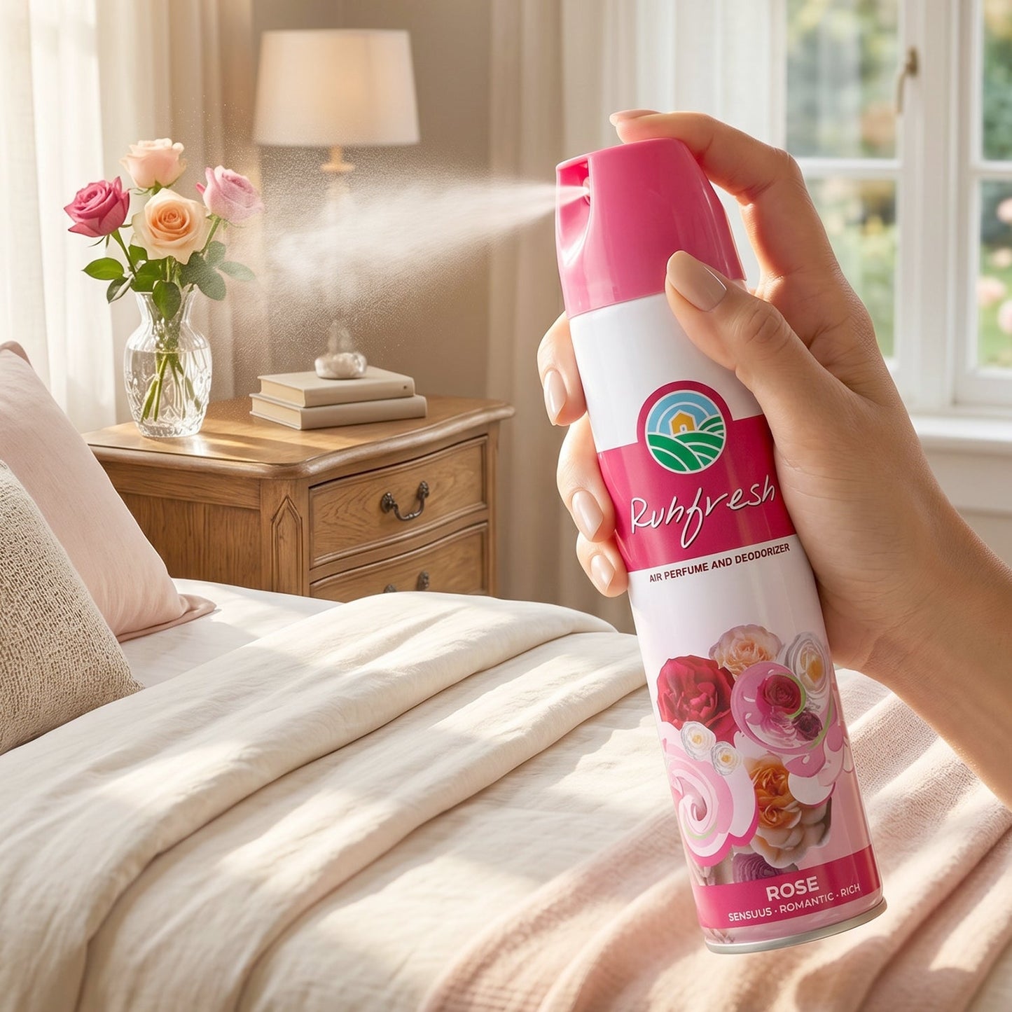 Rose air freshener spray bottle on white background