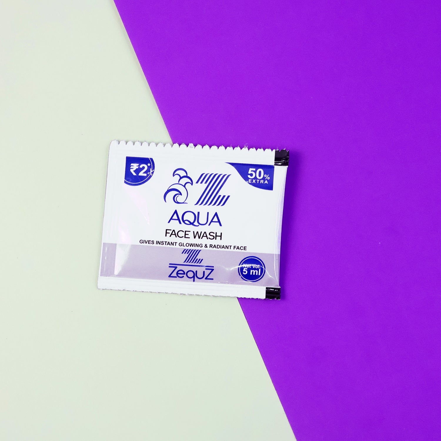 Single-use aqua face wash sachet providing a gentle foaming cleanser for daily use.