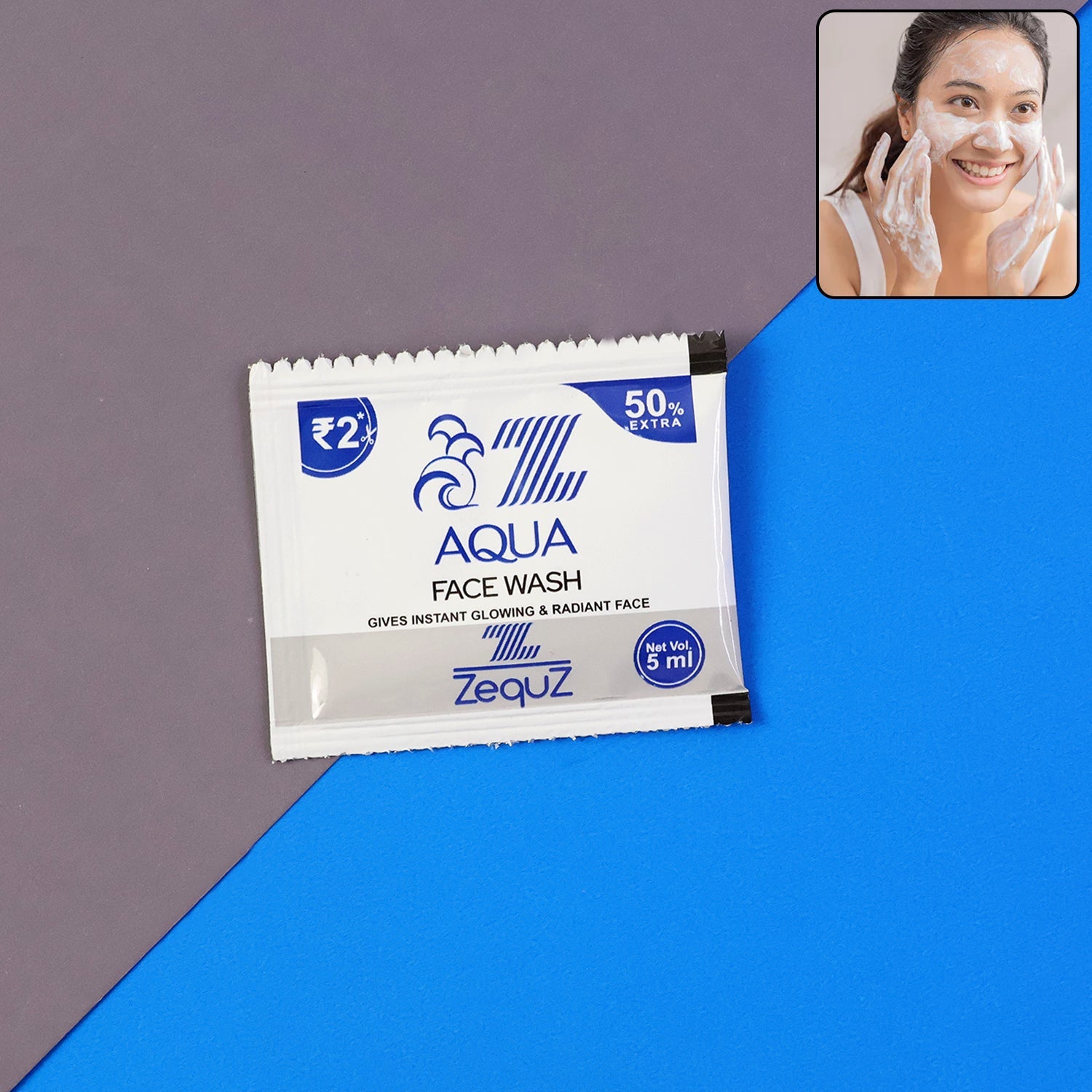 Zequz Aqua Face Wash sachet 5 ml with refreshing aqua blend for clean skin.