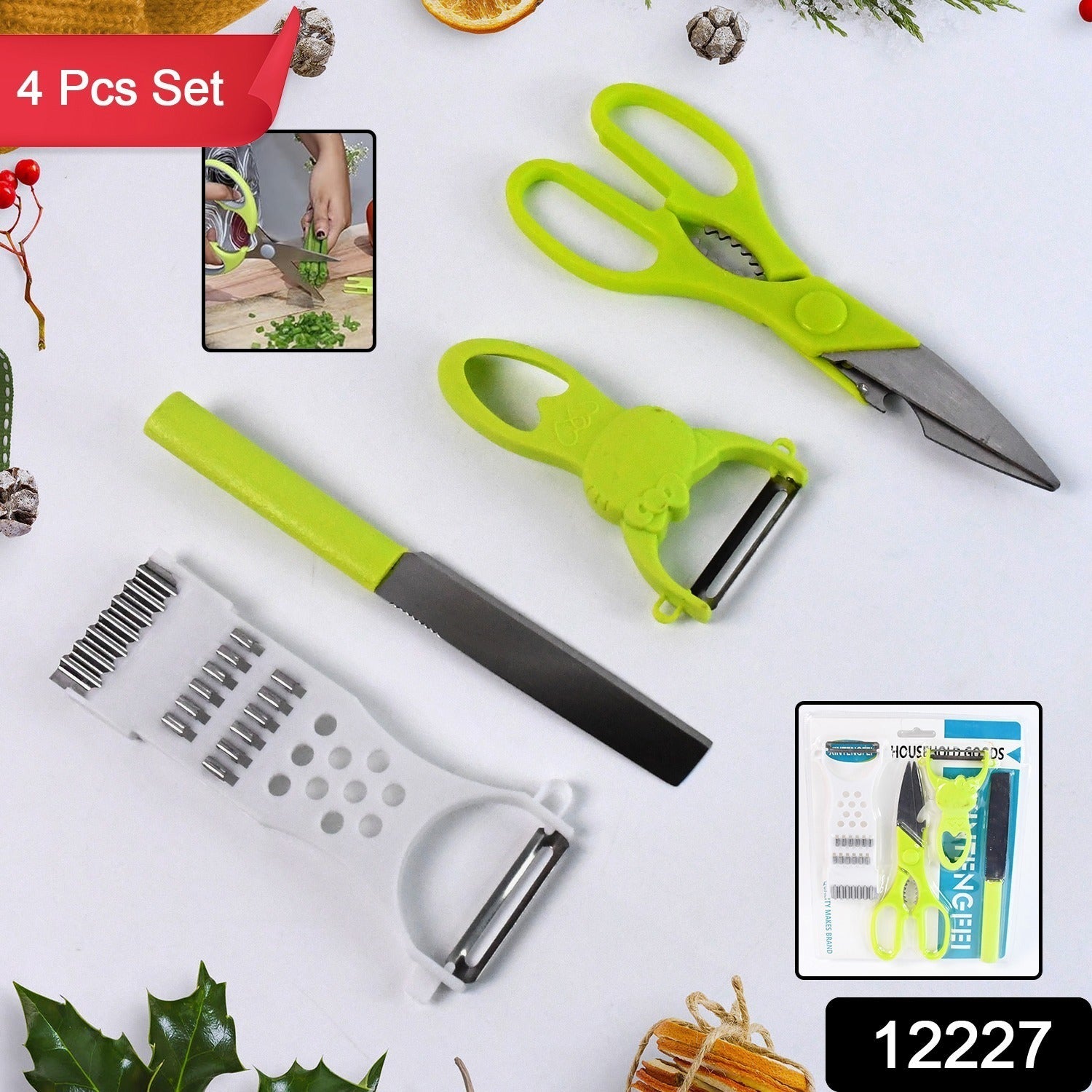 Close-up of stainless steel kitchen scissors from cutting set