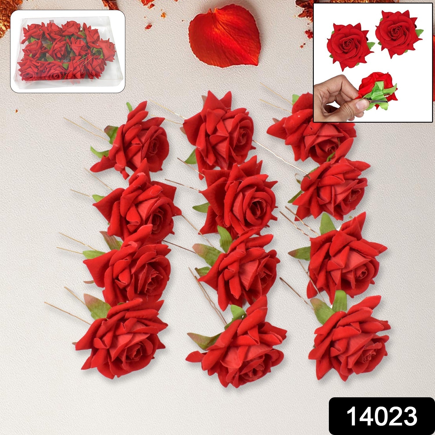 Close-up of a vibrant red rose hair pin, showcasing its realistic flower design.