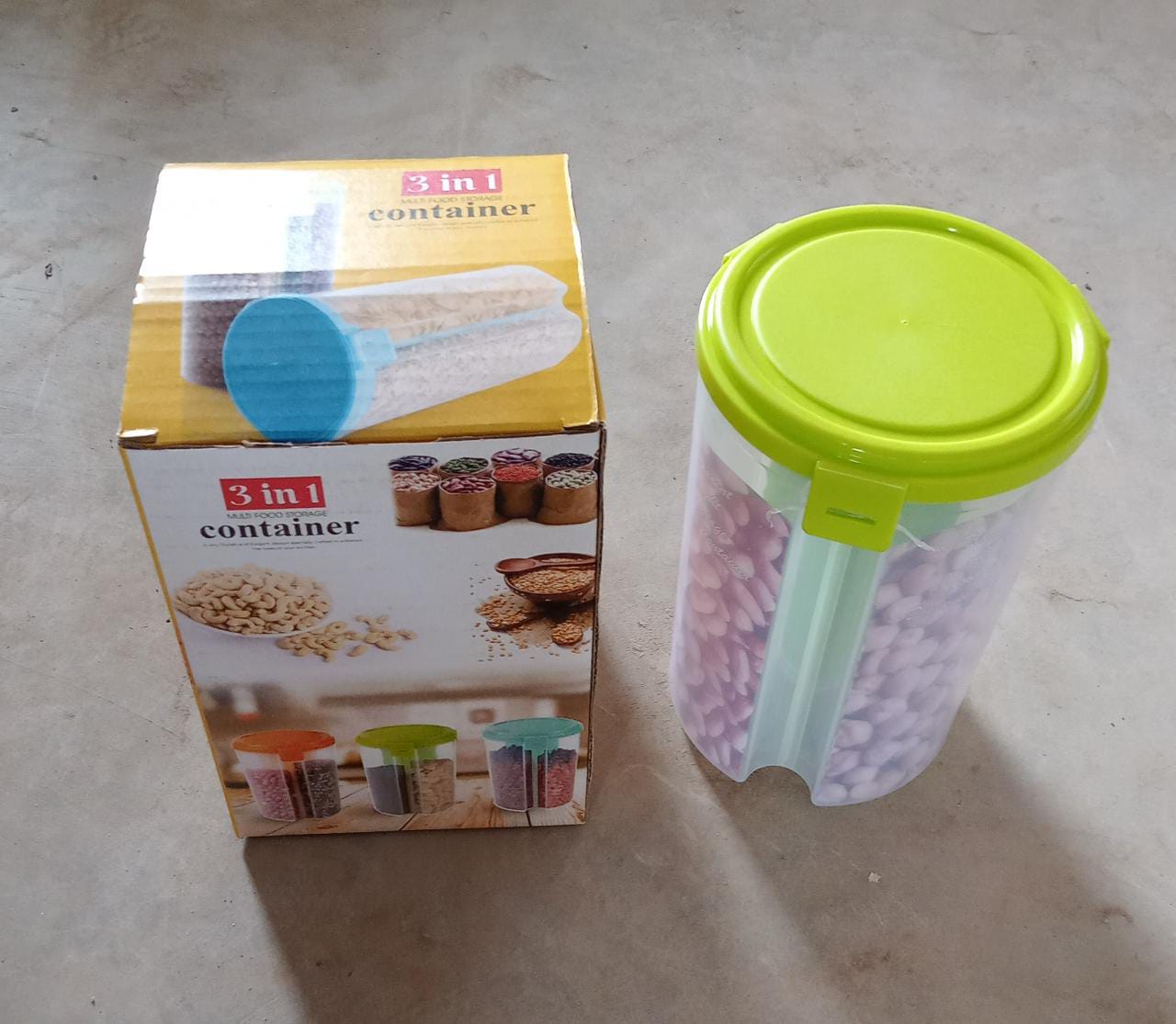 Airtight, transparent storage container with three sections, suitable for various kitchen items.