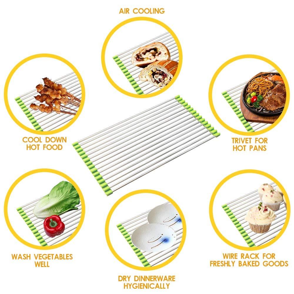 CookAura portable roll-up dish drying rack, shown in a modern kitchen setting.