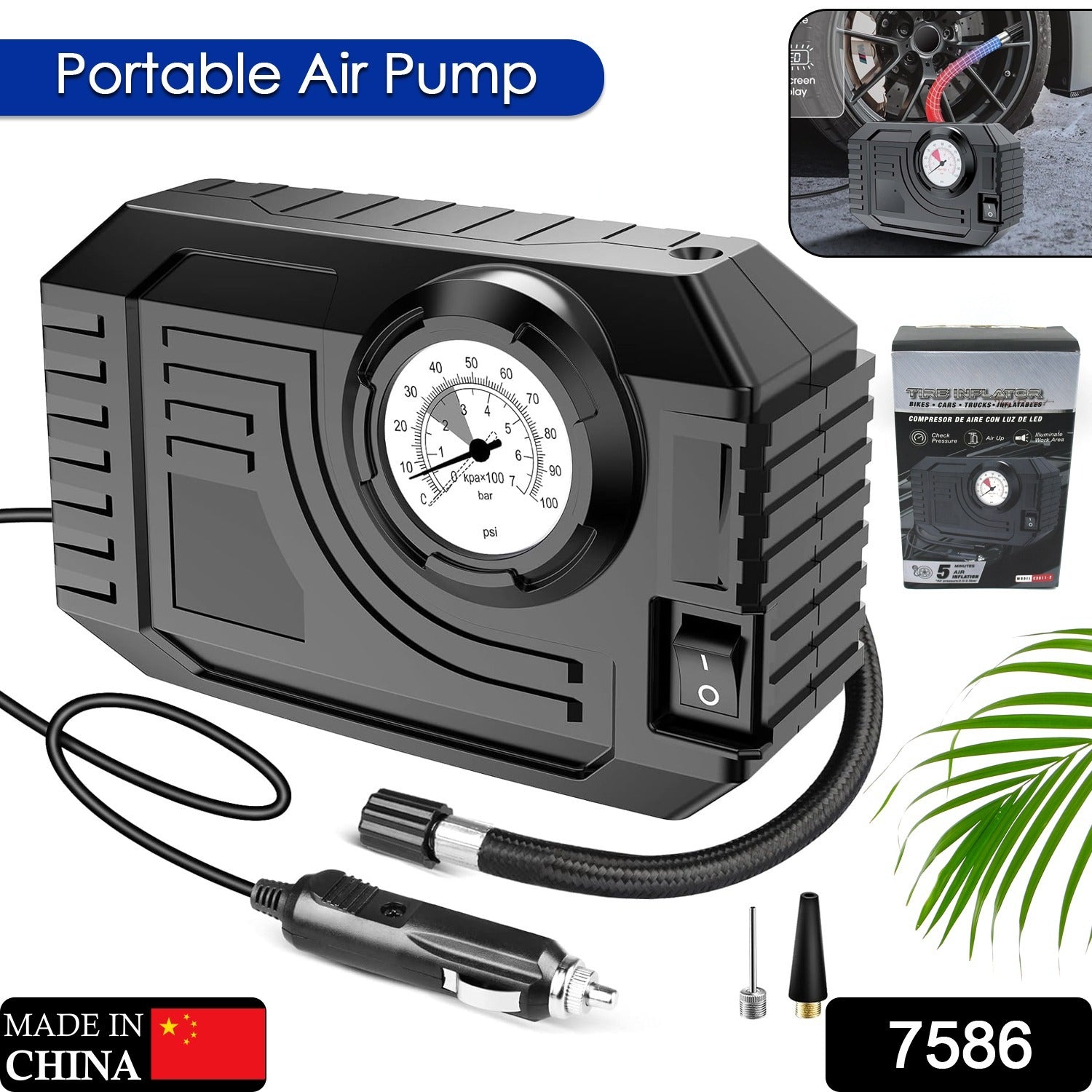 Close-up of the portable tire inflator showing its clear dial gauge and hose.