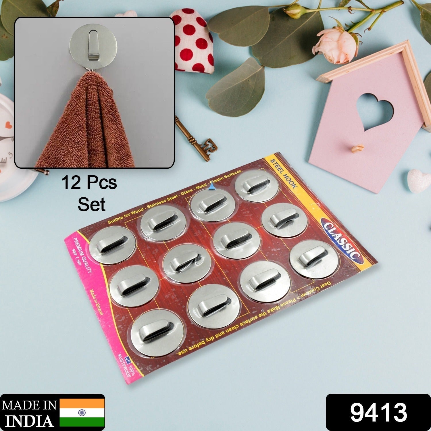 Versatile 12-piece steel self-adhesive hooks for kitchen and bathroom.