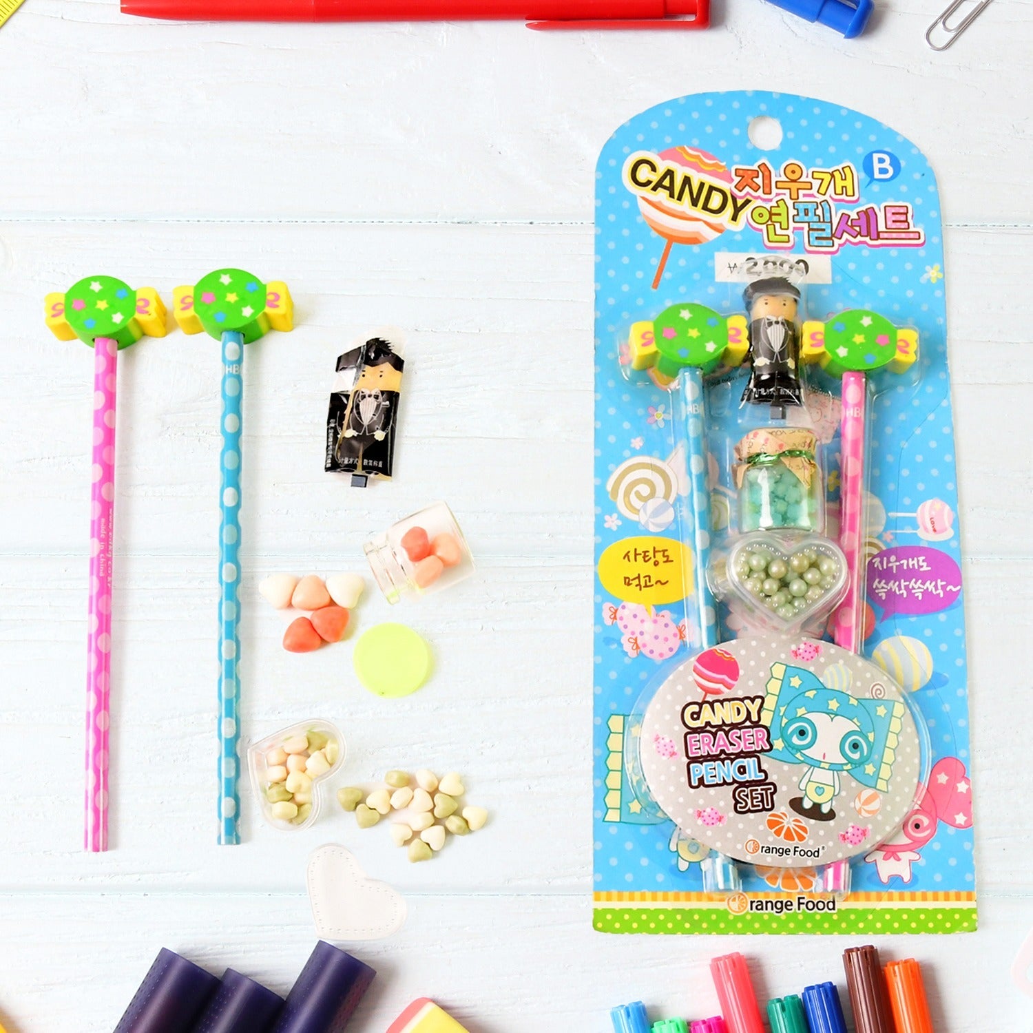 Candy Themed Pencil Set with colorful fun accessories for kids creative writing