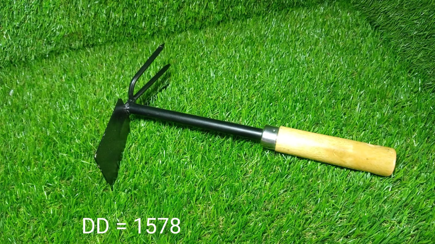 Full view of a versatile 2-in-1 double hoe gardening tool with a comfortable wooden handle.
