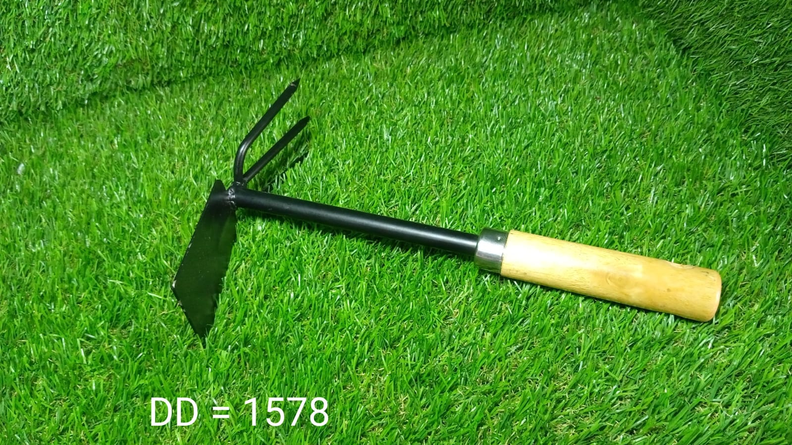 Full view of a versatile 2-in-1 double hoe gardening tool with a comfortable wooden handle.
