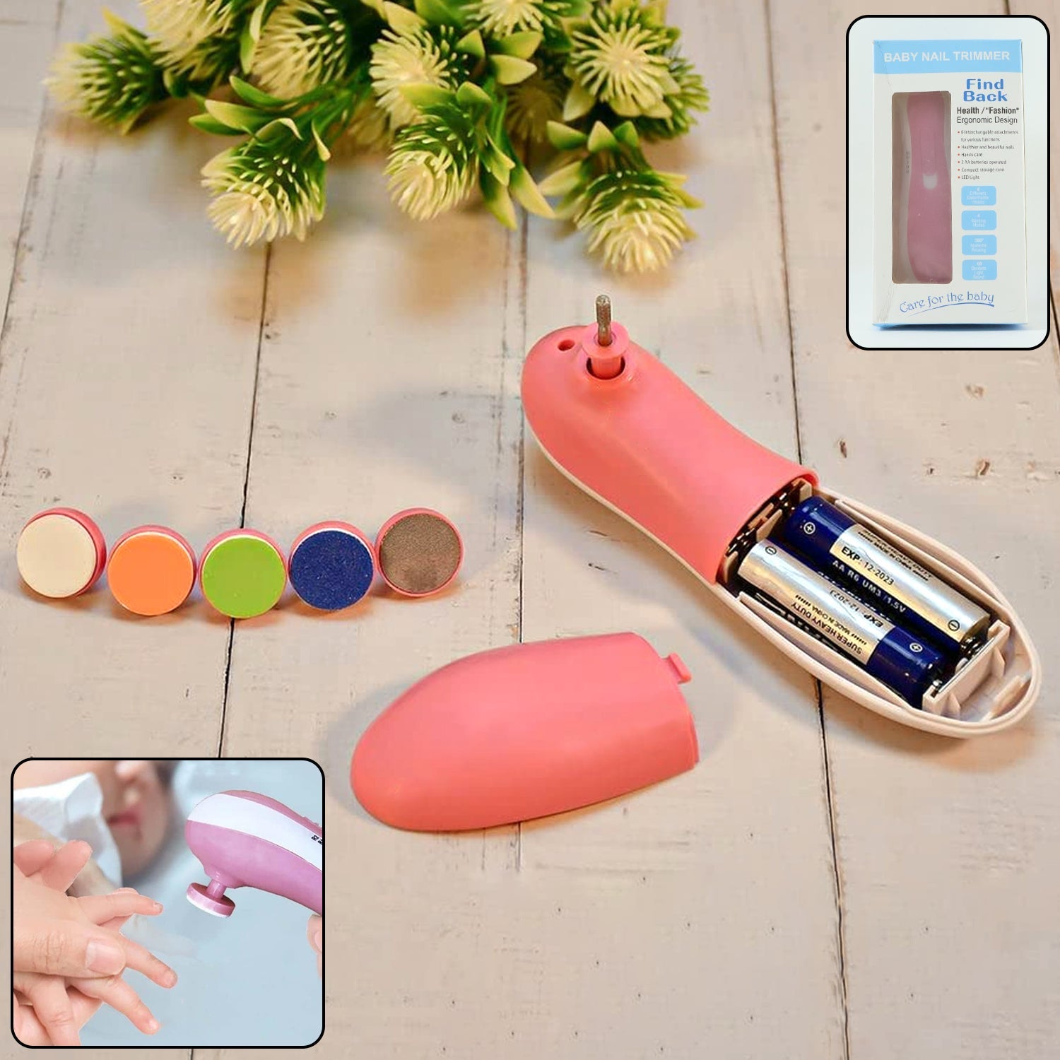 Electric baby nail trimmer with 6 grinding heads displayed on a clean white background.