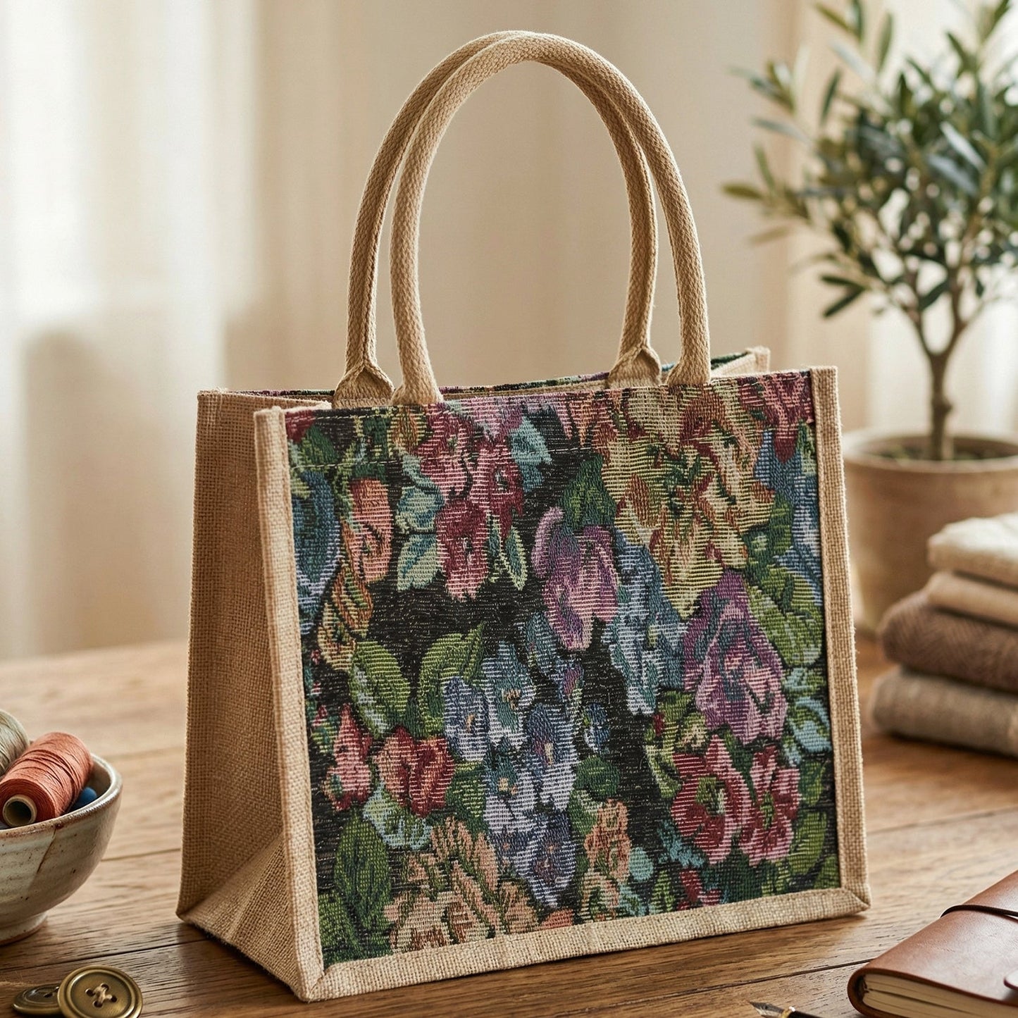 Eco-friendly floral print shopping bag detailed view