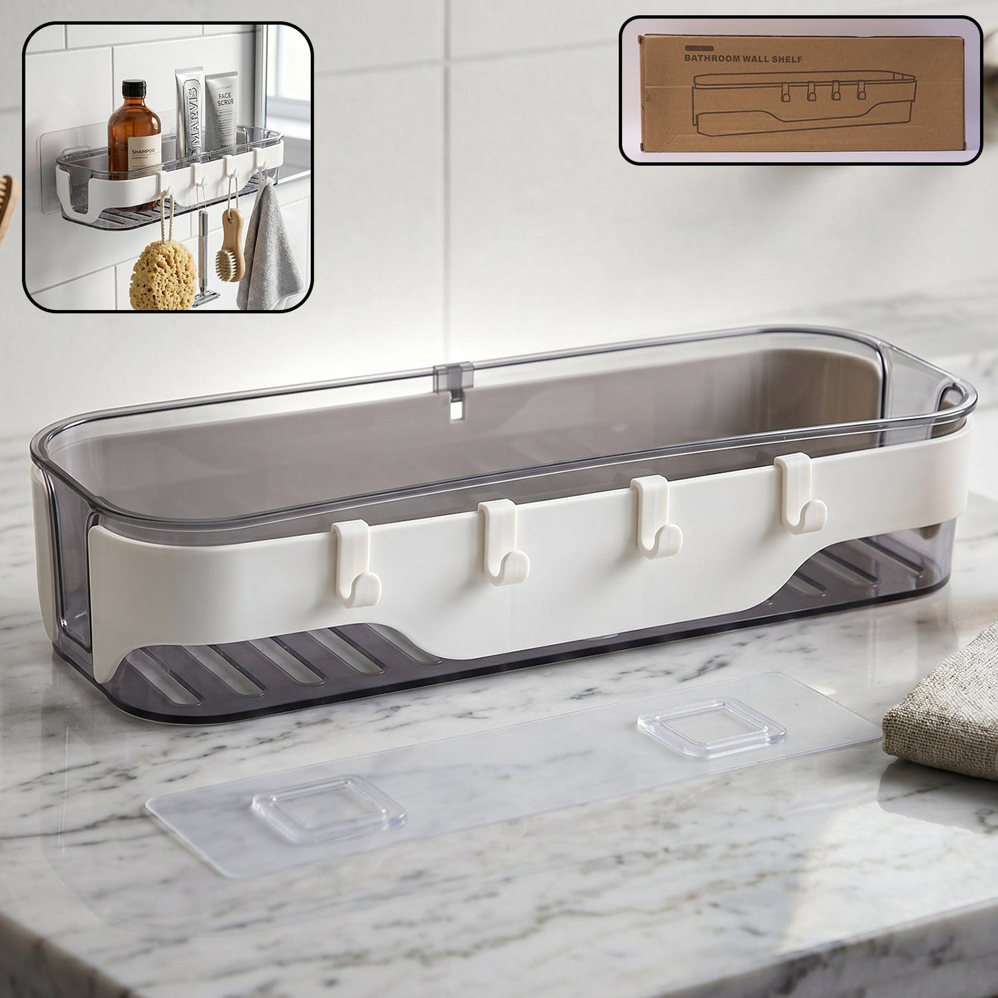 Modern transparent bathroom wall shelf with white accents and three hooks for accessories