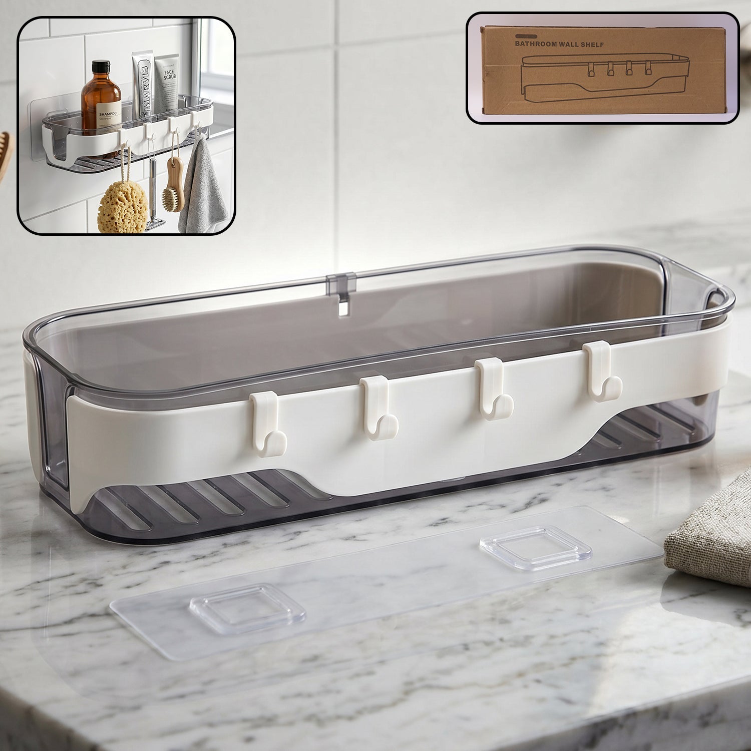 Modern transparent bathroom wall shelf with white accents and three hooks for accessories