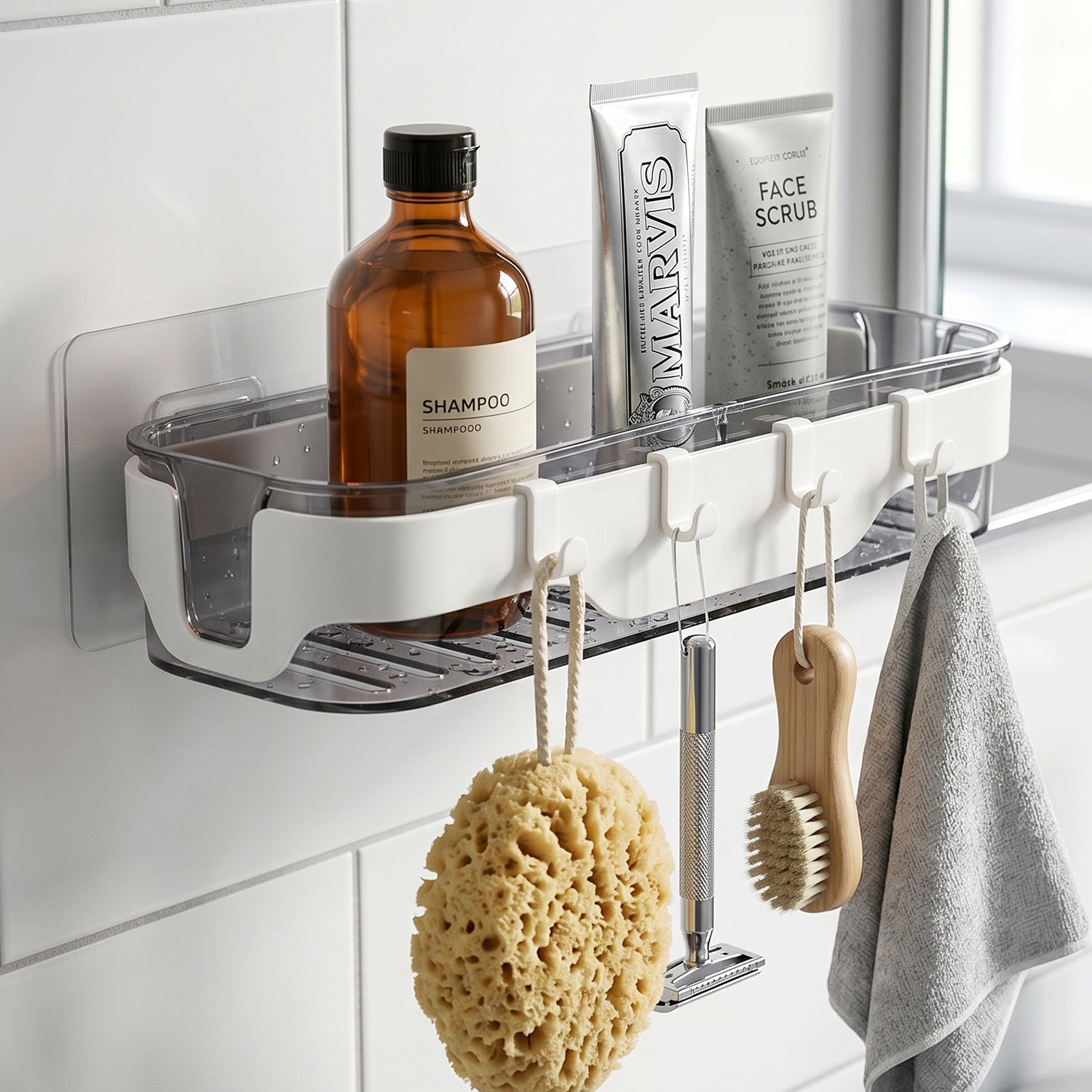 Transparent bathroom shelf holding toiletries and small items