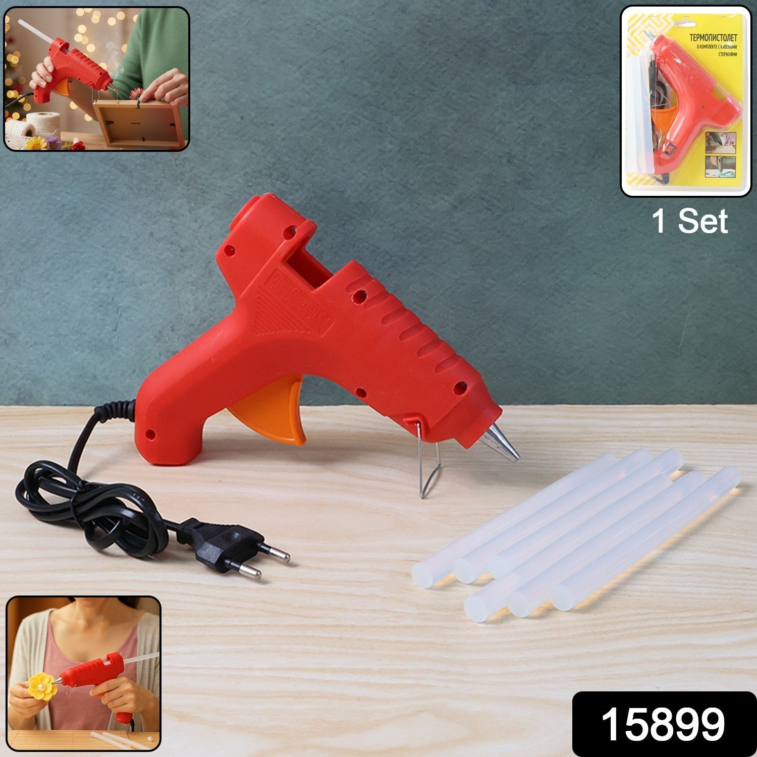 Hot melt glue gun heating up with included 6 transparent glue sticks