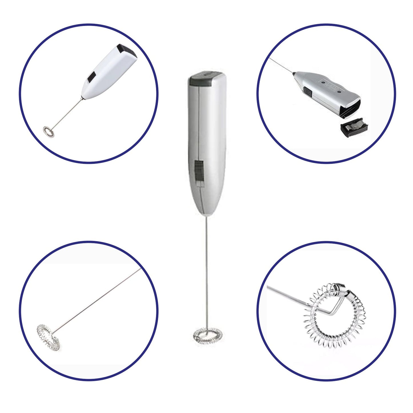 Portable electric milk mixer shown in action, frothing milk.