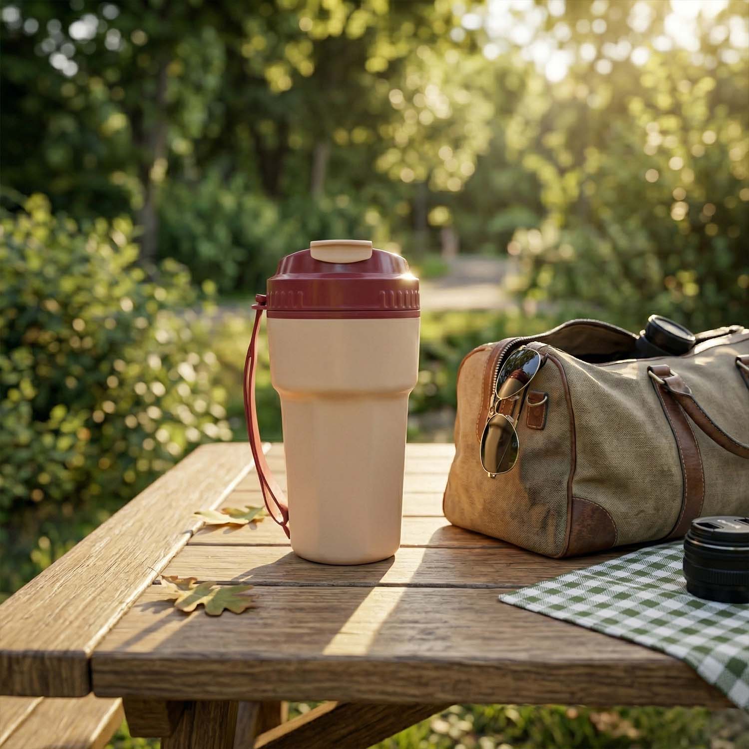 Portable plastic water bottle with attached carry strap