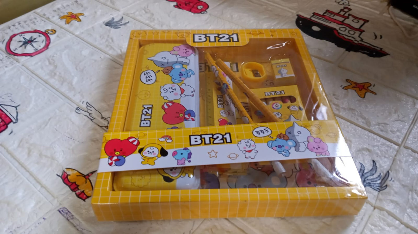 Bright yellow metal pencil box with a fun cartoon design, ideal for school supplies.
