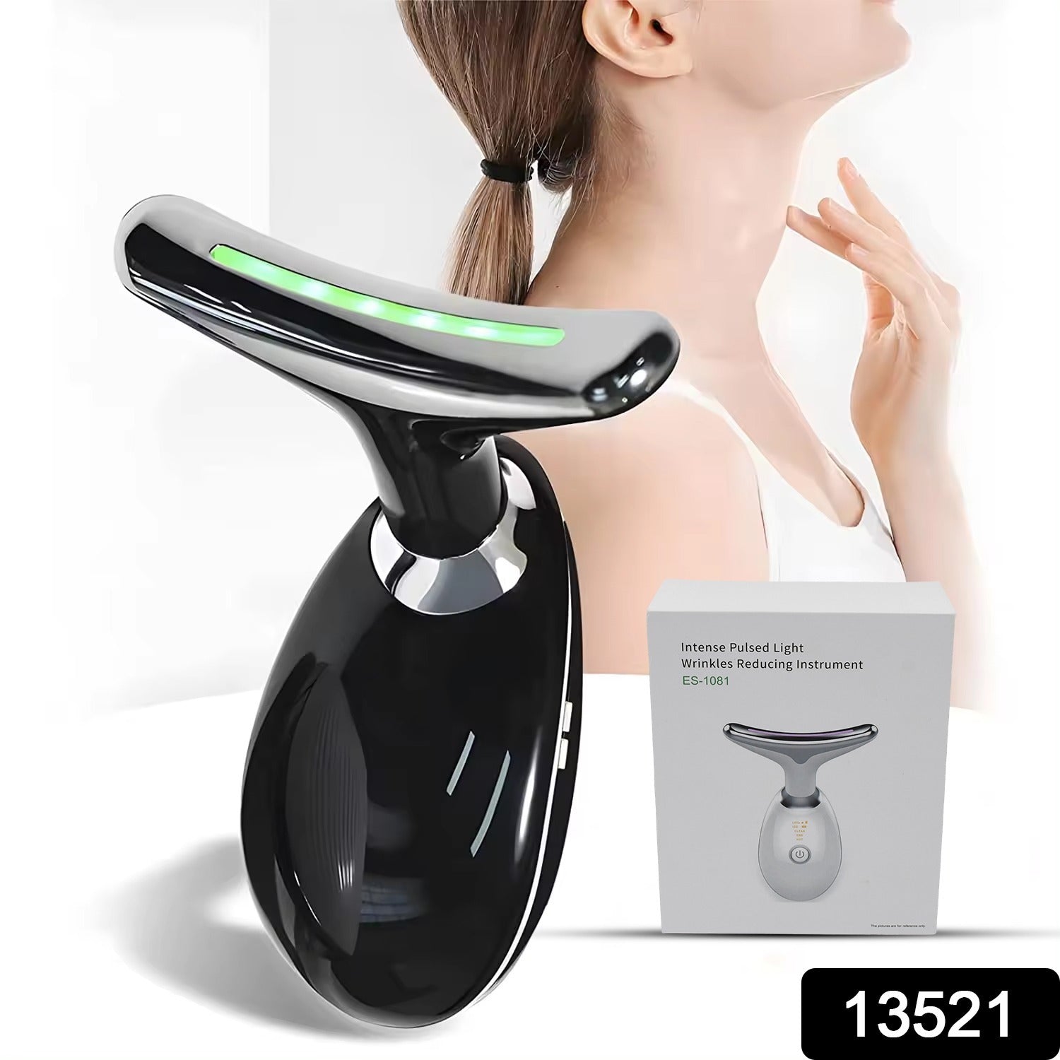 Woman using the Neck Face Massager on her neck to target fine lines and wrinkles.
