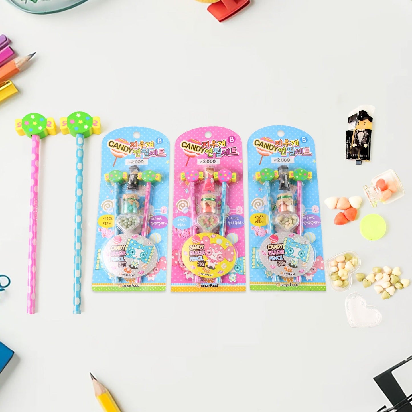 Packaged Candy Themed Pencil Set with writing tools and cute jars