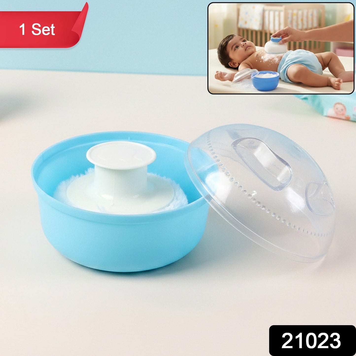 Baby powder puff storage box with soft applicator and transparent lid