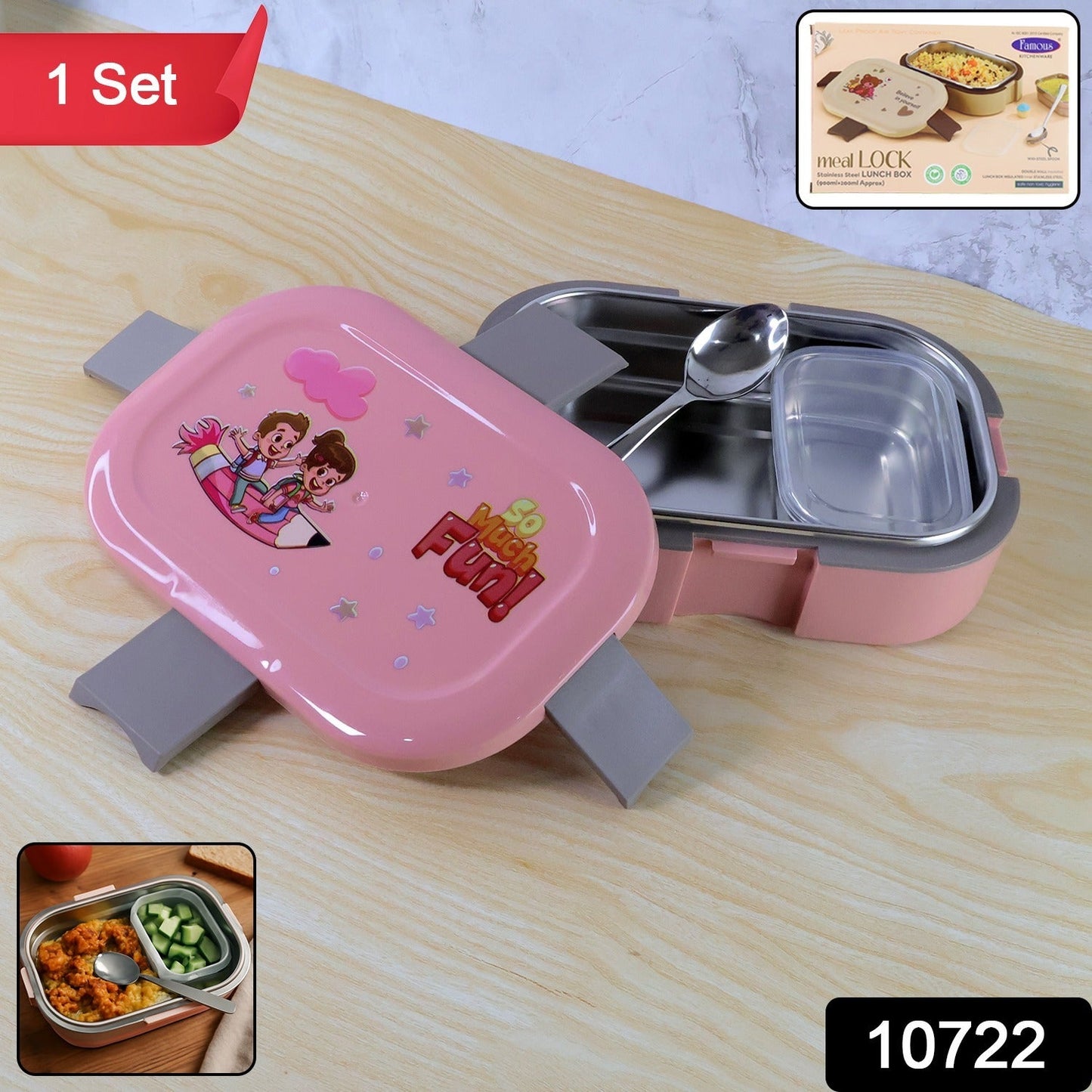 Open kids tiffin box showcasing a multi-section stainless steel tray with food.