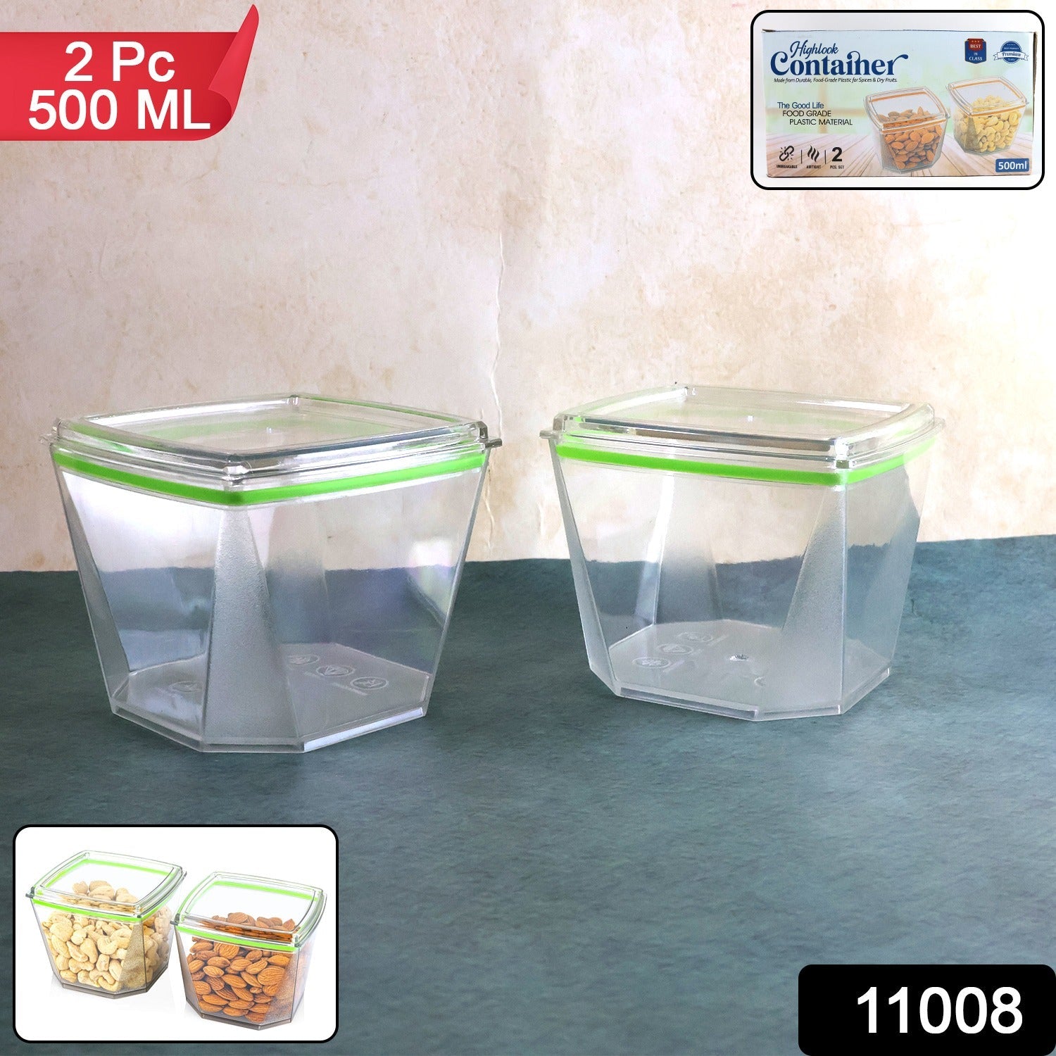 Close-up of leak-proof green lids on food storage containers