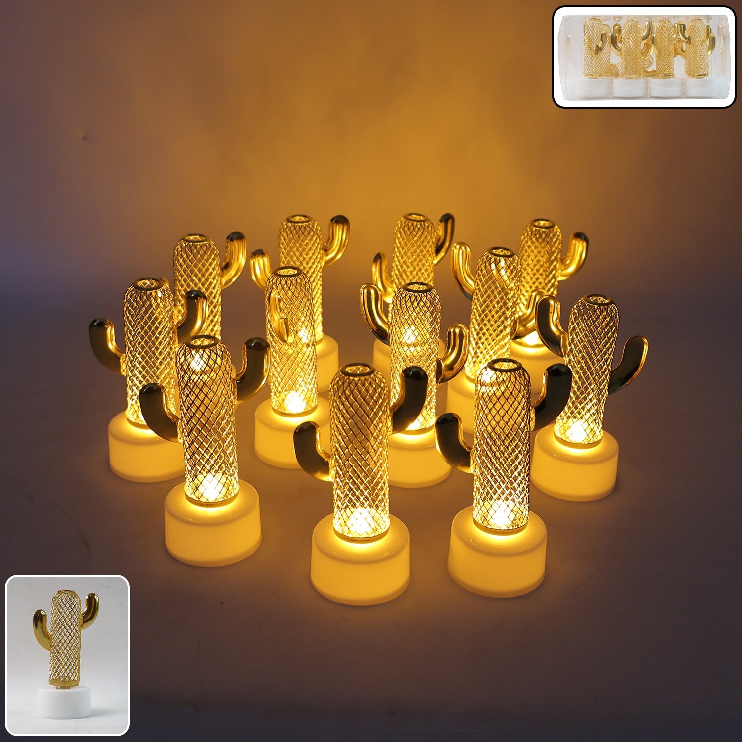Set of 12 cactus shaped flameless LED candles with golden accents for home décor