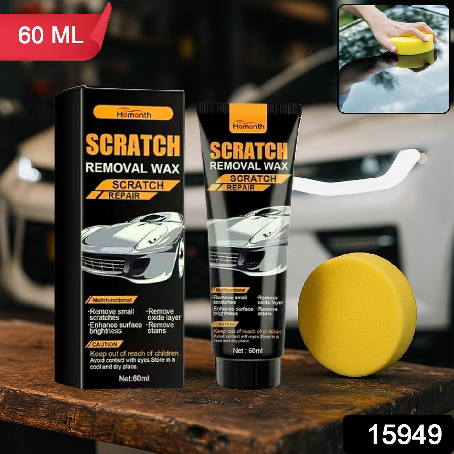 Car Scratch Removal Wax 60ml tube with sponge applicator on a car surface